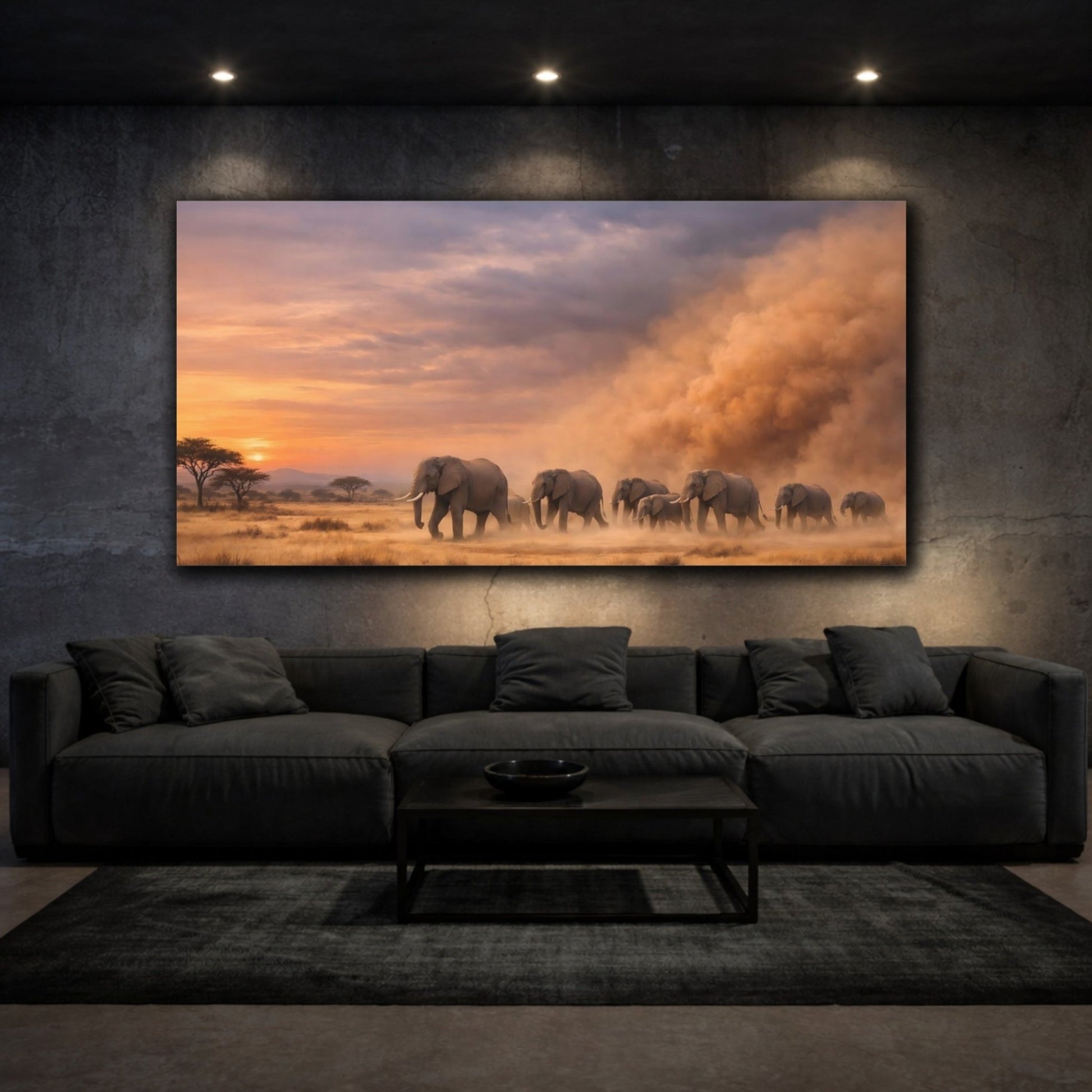 Animals Elephant Herd Orange And Grey - Canvas Wall Art Print - YesArtYes