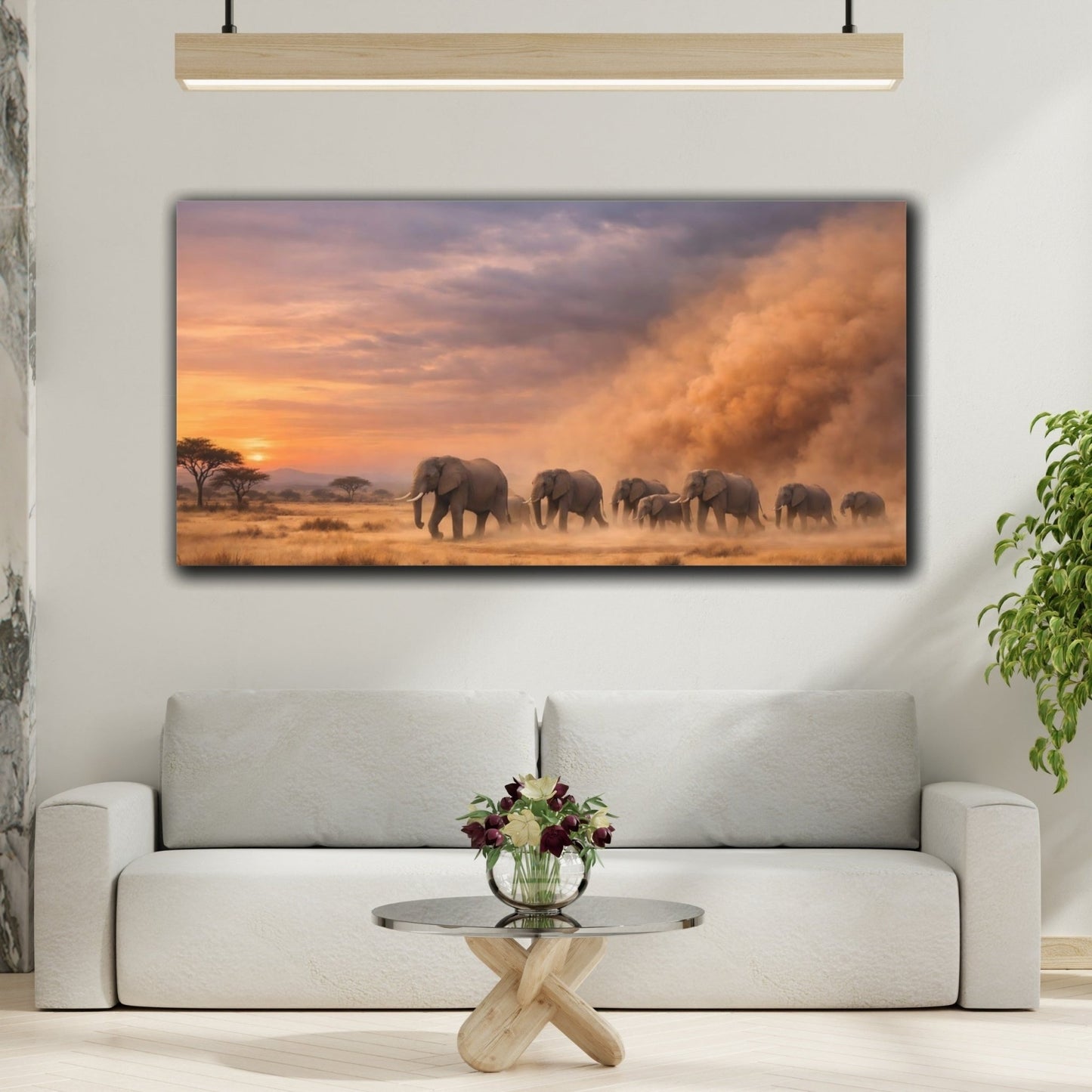 Animals Elephant Herd Orange And Grey - Canvas Wall Art Print - YesArtYes