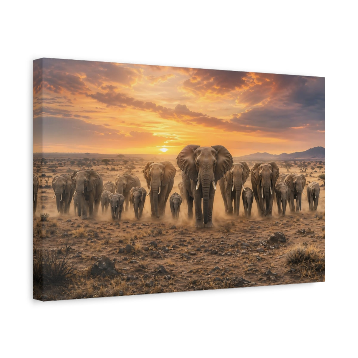Side Mockup 4. Animals Elephant Herd Elephants Sunset shown as stretched canvas wall art