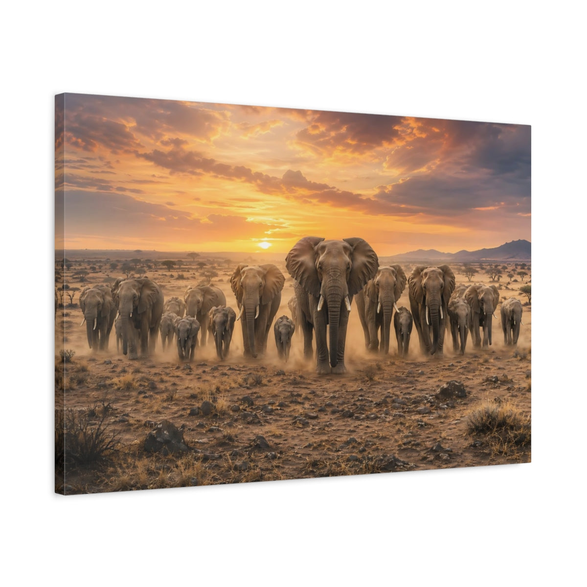Side Mockup 2. Animals Elephant Herd Elephants Sunset shown as stretched canvas wall art