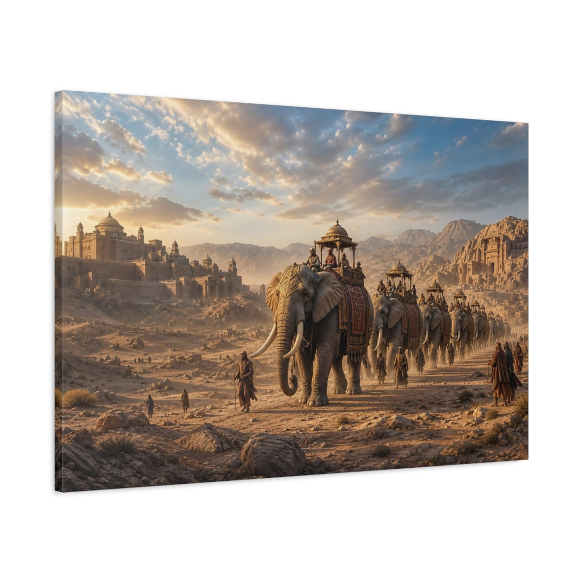 Main Mockup. Animals Elephant Procession Golden Desert shown as stretched canvas wall art