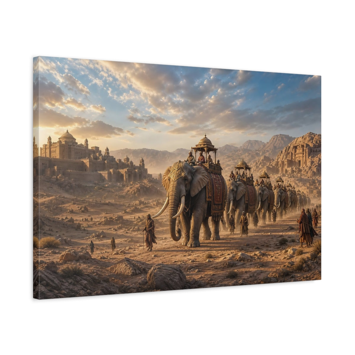 Side Mockup 2. Animals Elephant Procession Golden Desert shown as stretched canvas wall art
