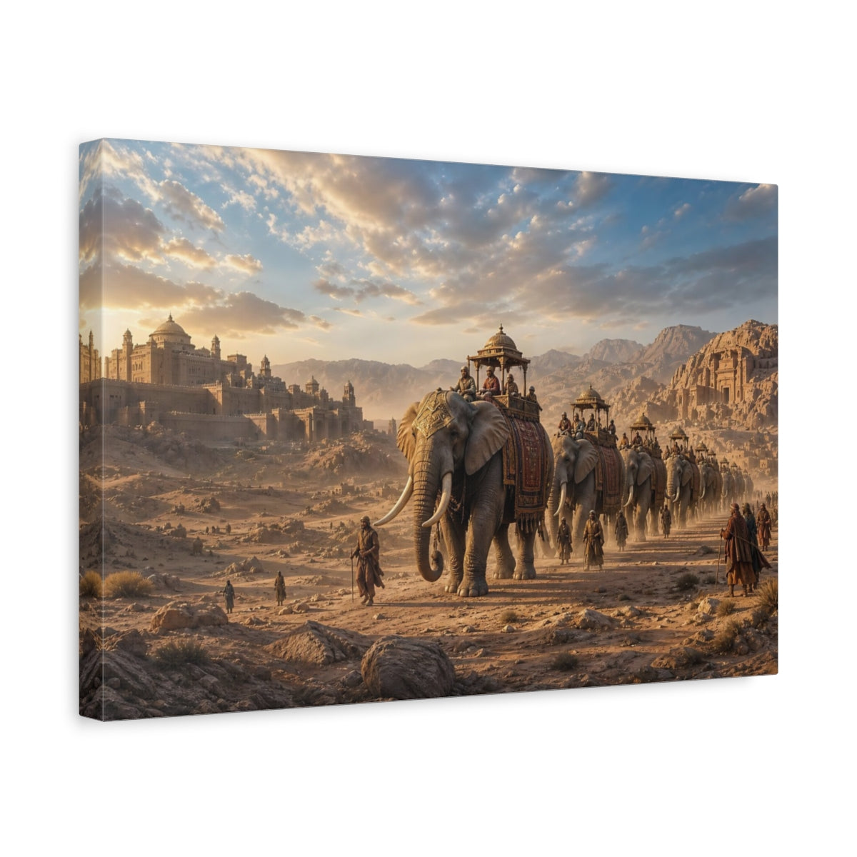 Side Mockup 4. Animals Elephant Procession Golden Desert shown as stretched canvas wall art