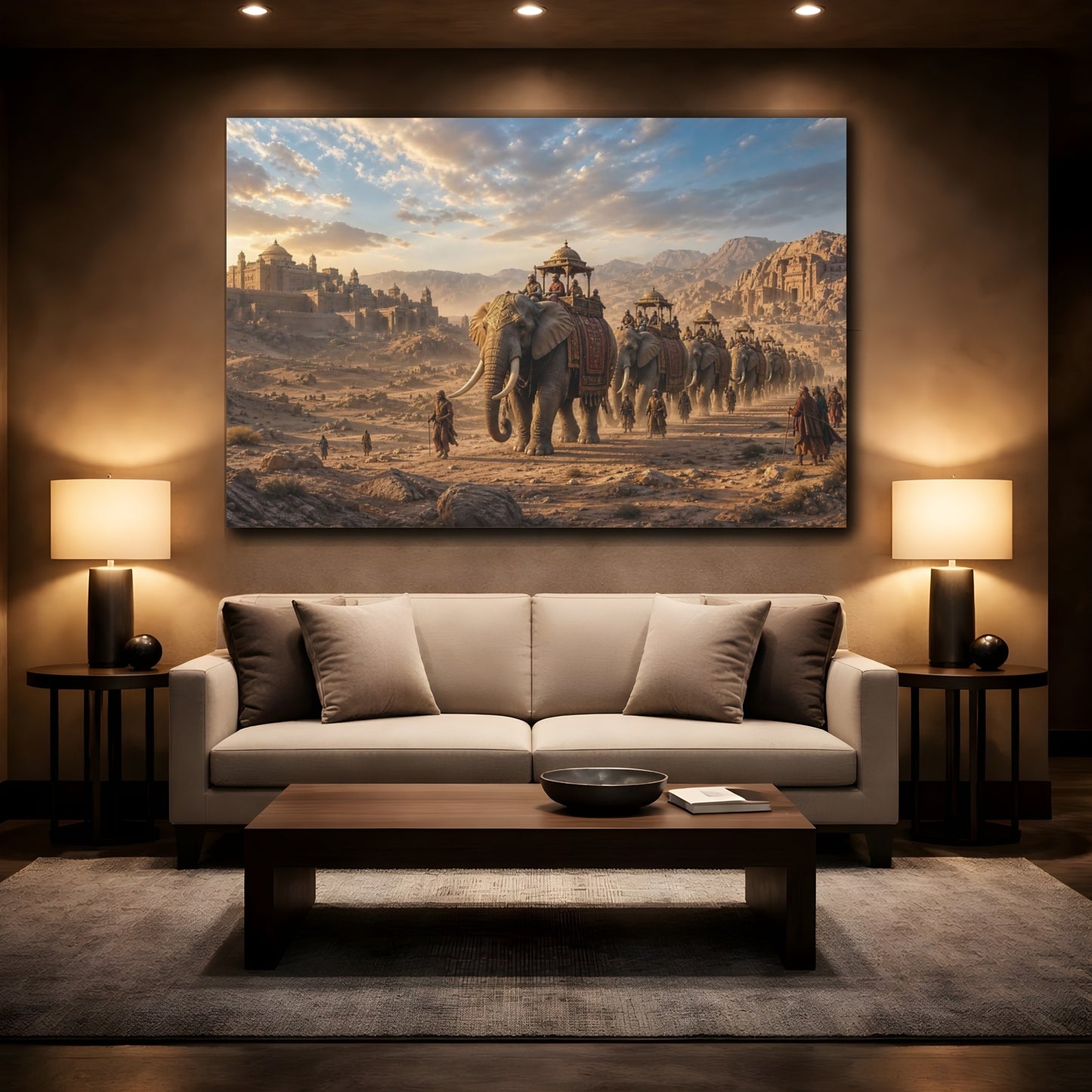 Mockup 2. Animals Elephant Procession Golden Desert shown as stretched canvas wall art