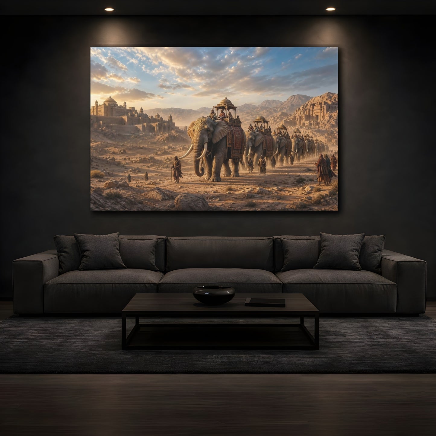 Mockup 3. Animals Elephant Procession Golden Desert shown as stretched canvas wall art