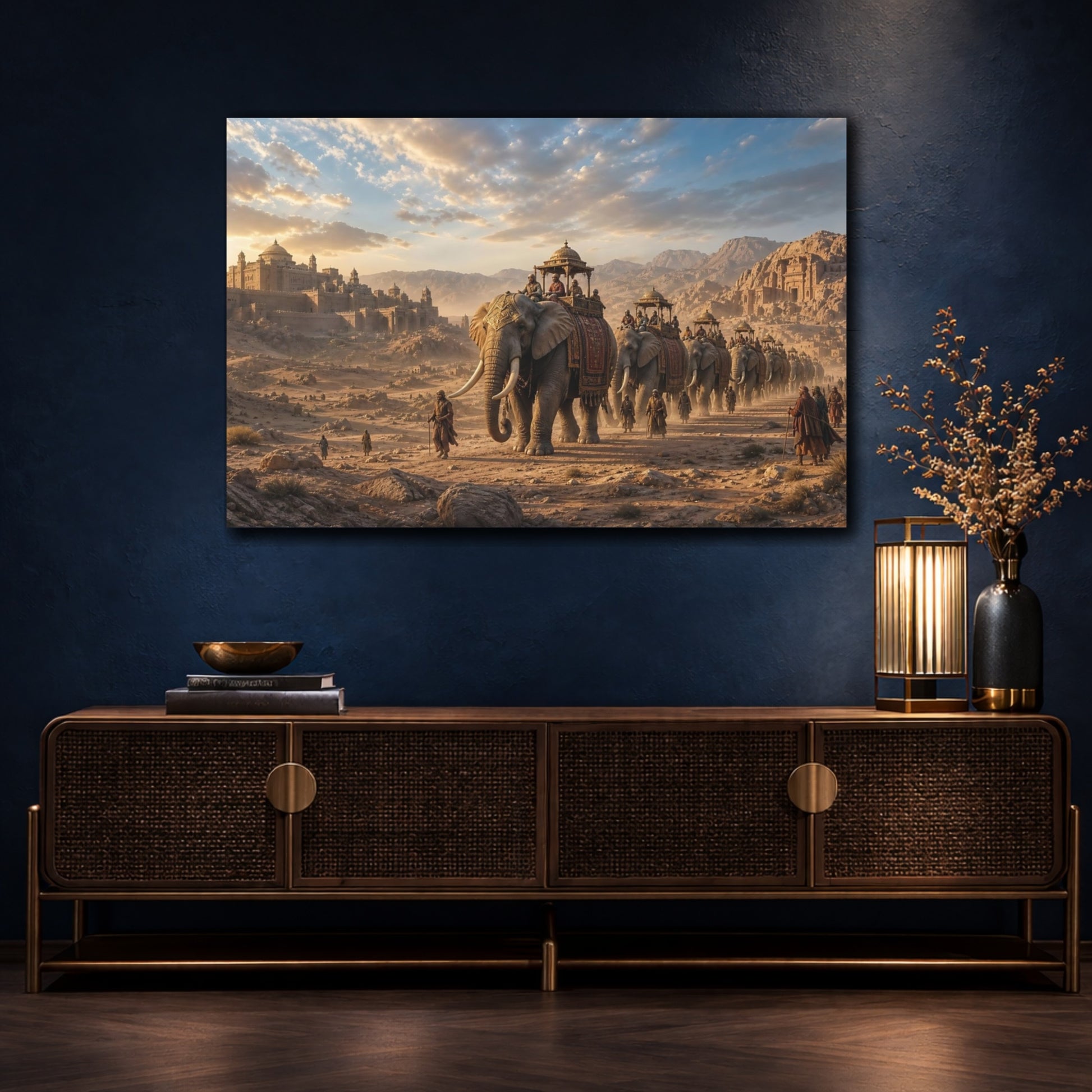 Mockup 4. Animals Elephant Procession Golden Desert shown as stretched canvas wall art