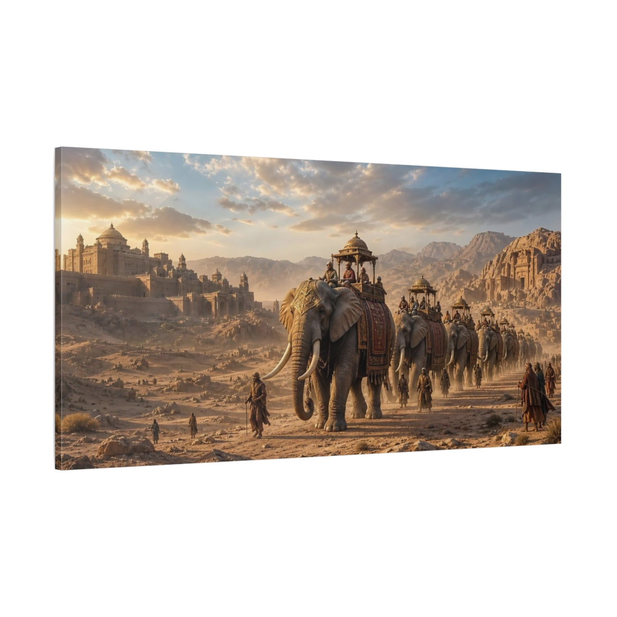Side Mockup 2. Animals Elephant Procession Golden Hour shown as stretched canvas wall art