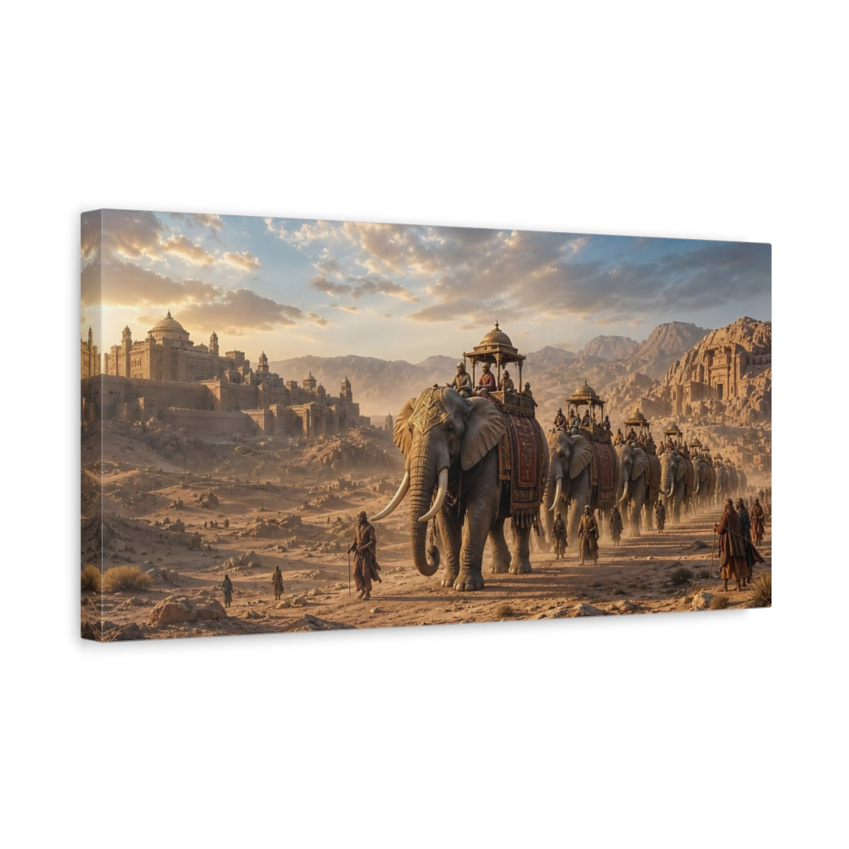 Side Mockup 3. Animals Elephant Procession Golden Hour shown as stretched canvas wall art