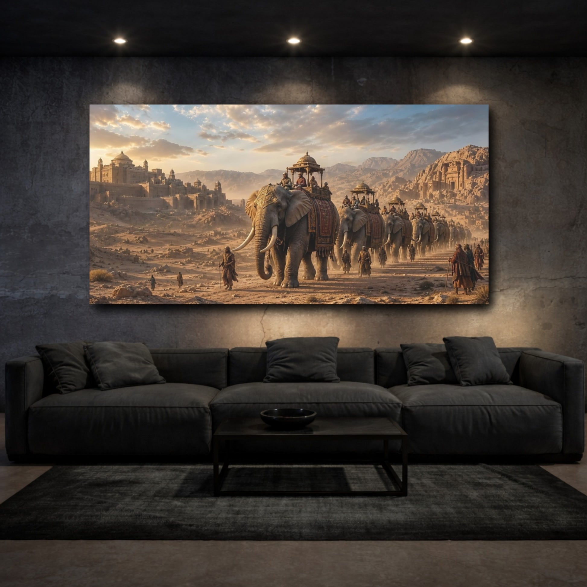 Mockup 2. Animals Elephant Procession Golden Hour shown as stretched canvas wall art