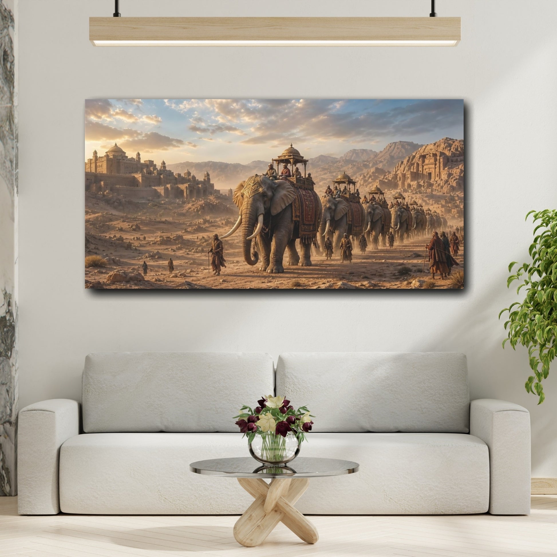 Mockup 3. Animals Elephant Procession Golden Hour shown as stretched canvas wall art