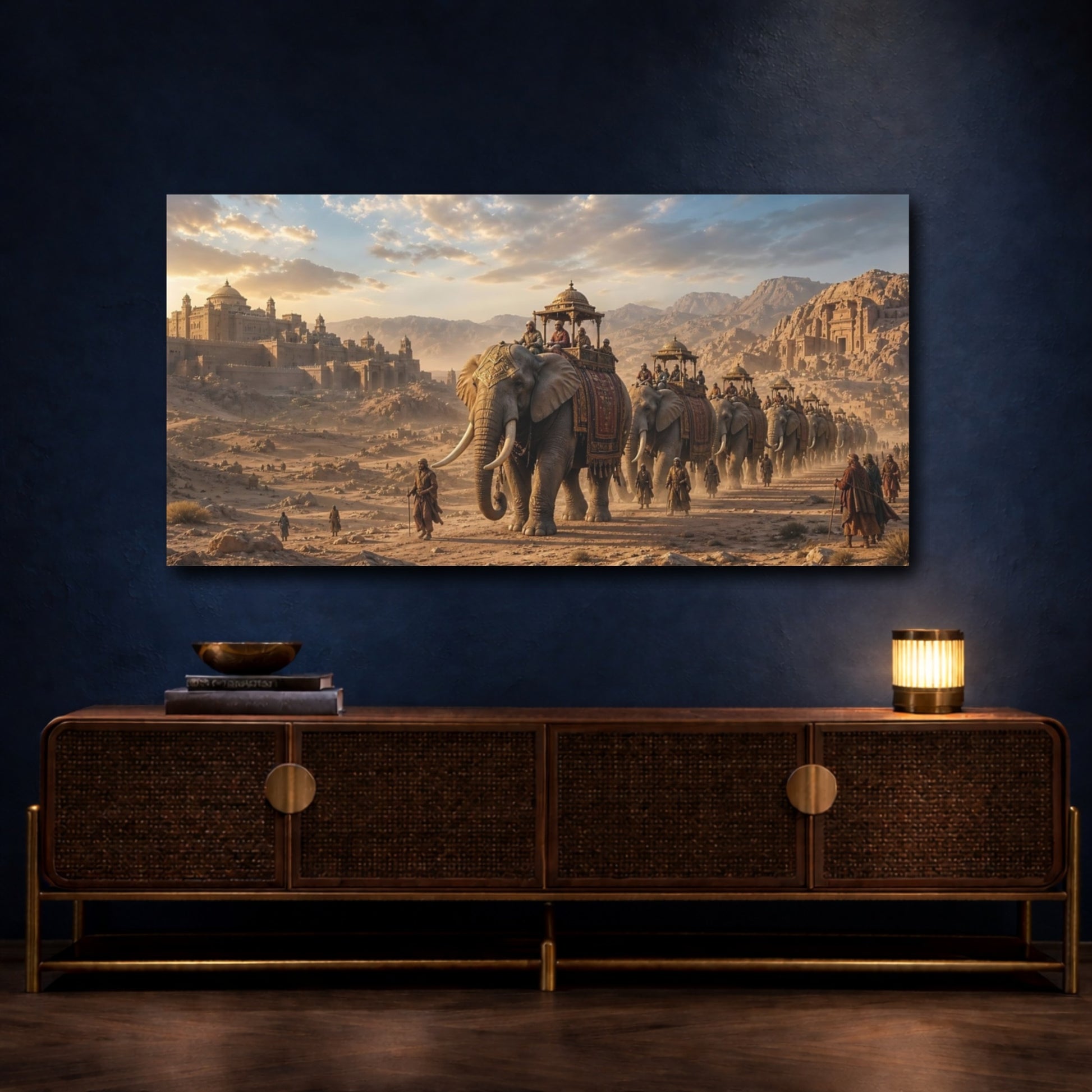 Mockup 4. Animals Elephant Procession Golden Hour shown as stretched canvas wall art