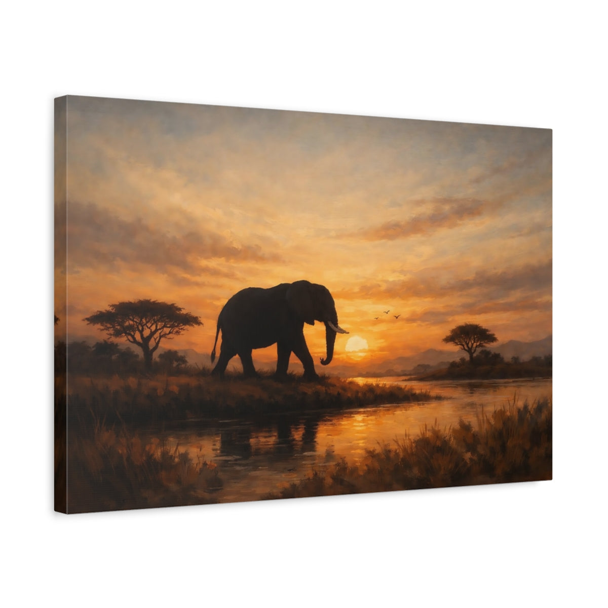 Side Mockup 3. Animals Elephant Warm Sunset Elephant shown as stretched canvas wall art
