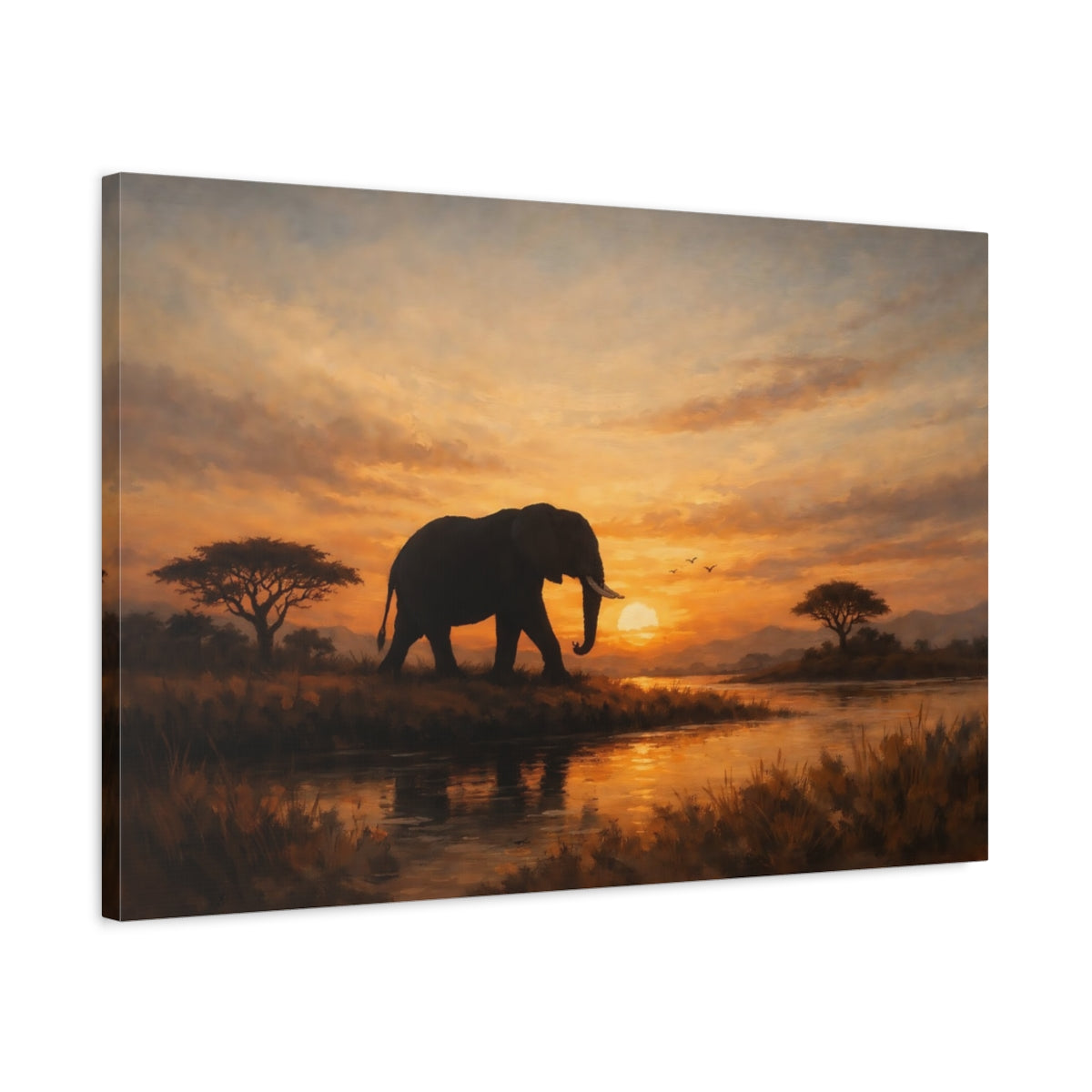 Side Mockup 2. Animals Elephant Warm Sunset Elephant shown as stretched canvas wall art