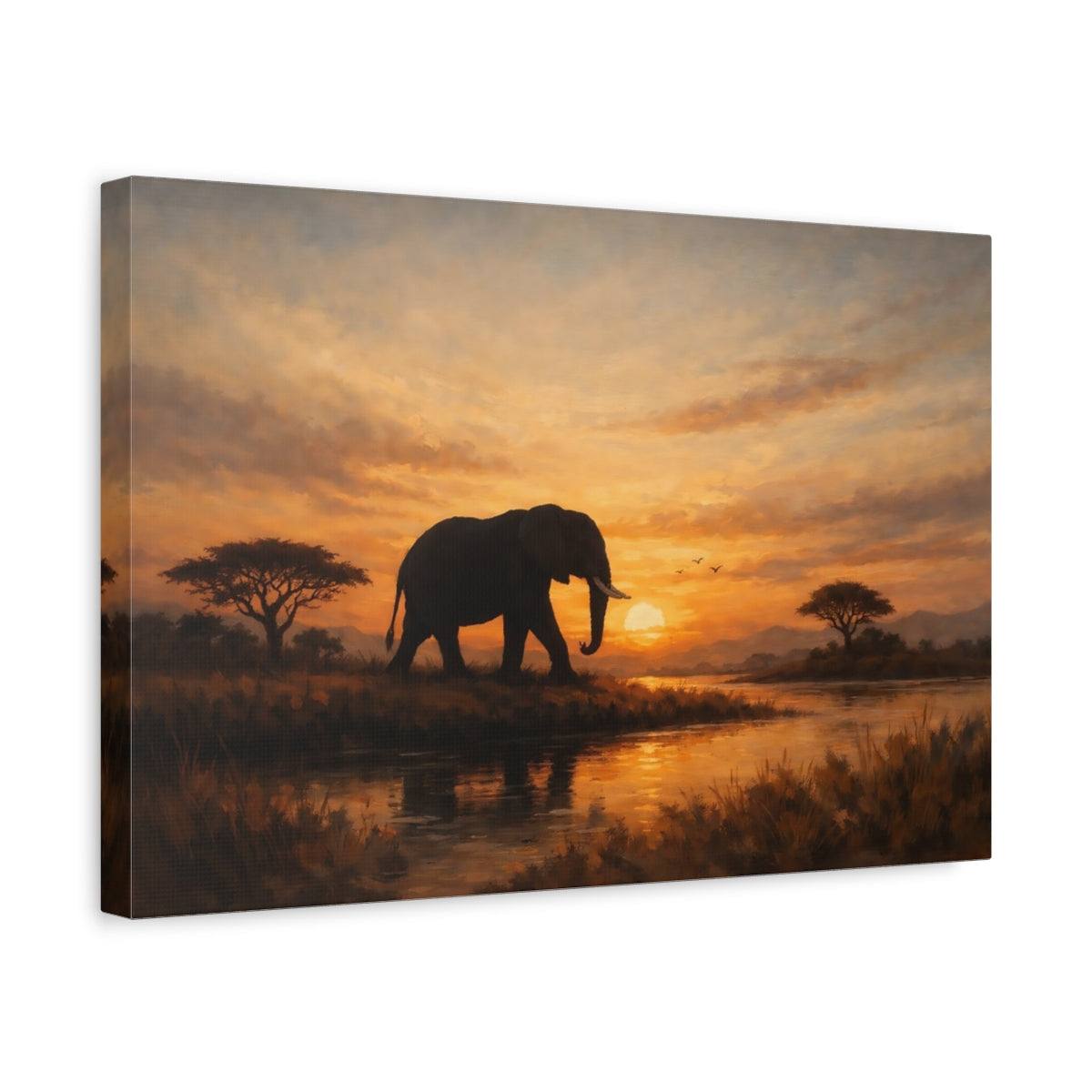 Side Mockup 4. Animals Elephant Warm Sunset Elephant shown as stretched canvas wall art