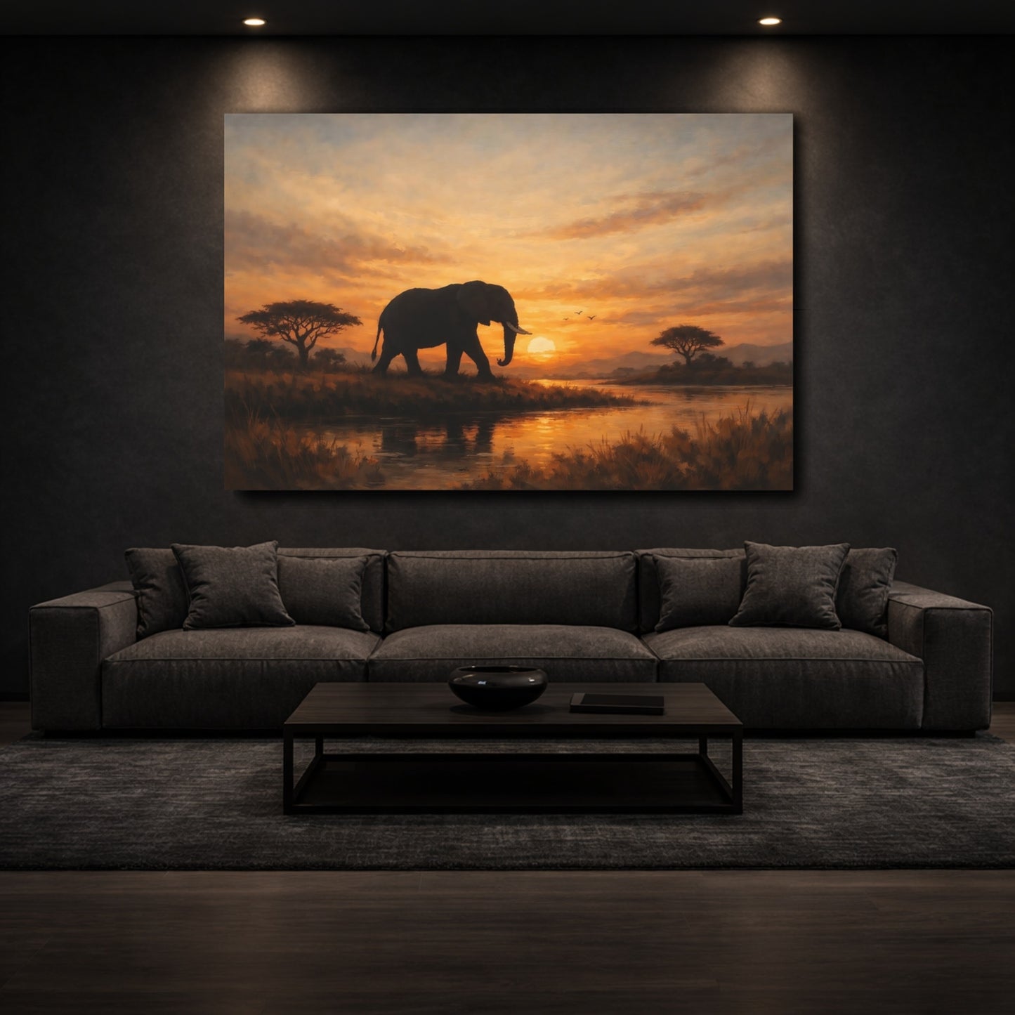 Mockup 2. Animals Elephant Warm Sunset Elephant shown as stretched canvas wall art