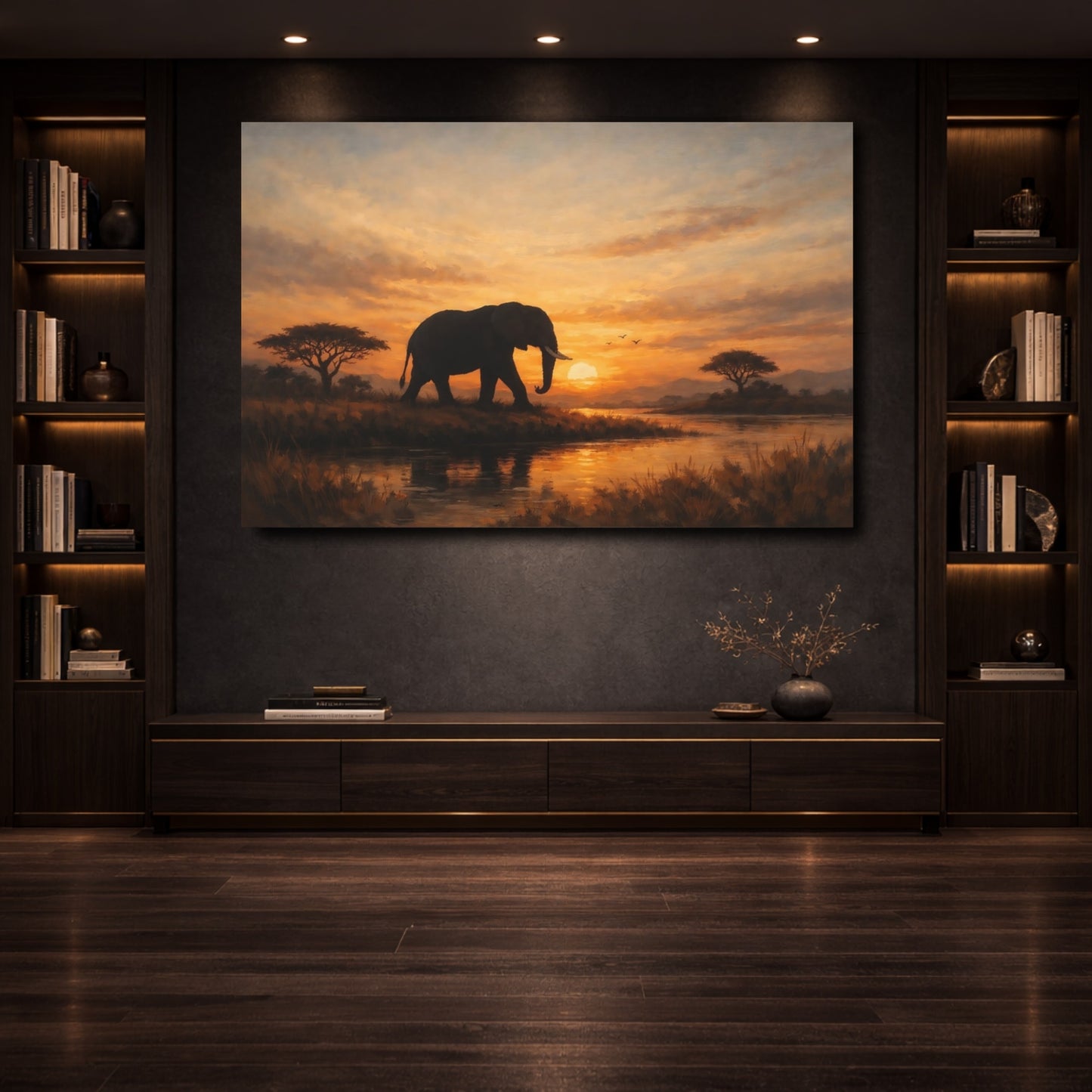 Mockup 3. Animals Elephant Warm Sunset Elephant shown as stretched canvas wall art