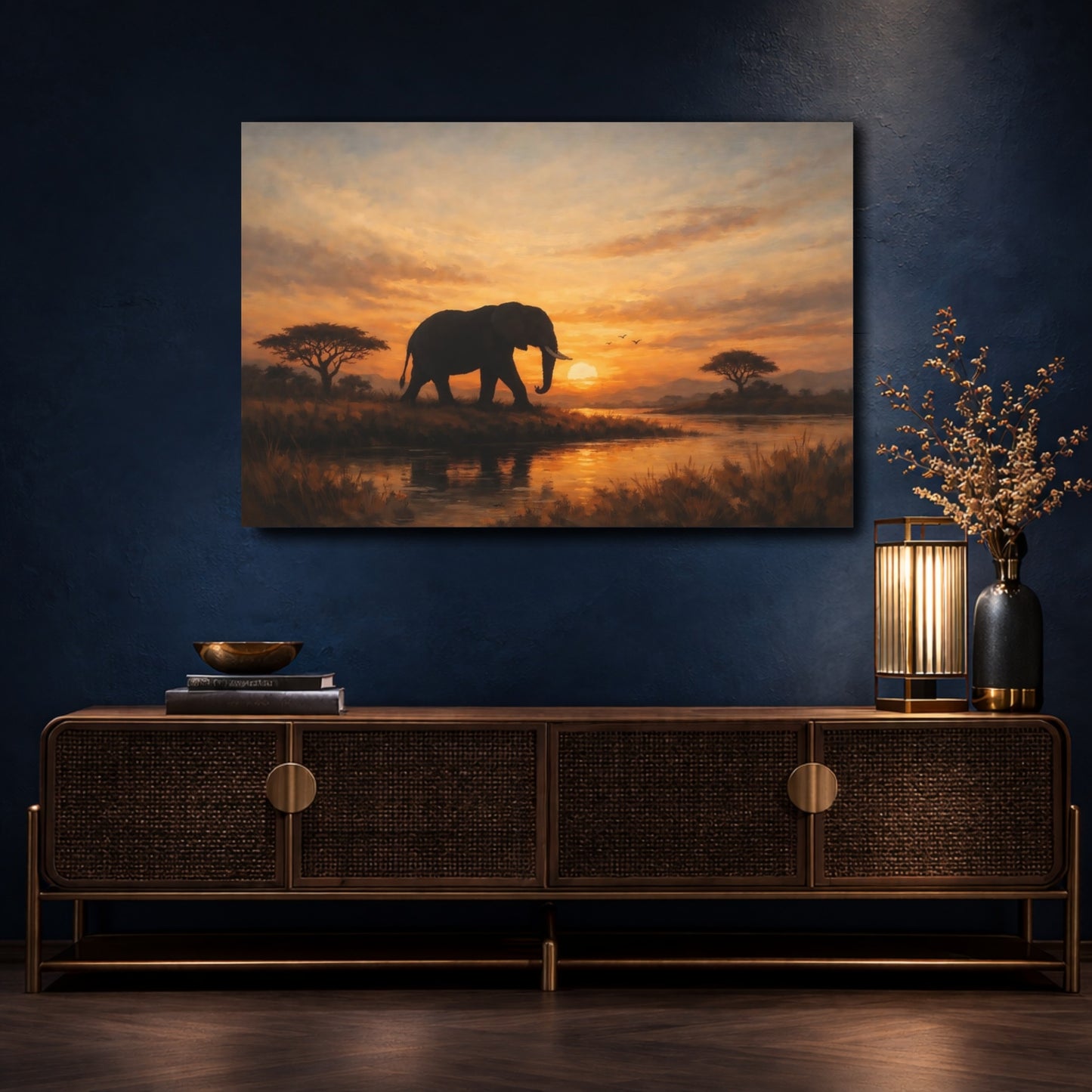 Mockup 4. Animals Elephant Warm Sunset Elephant shown as stretched canvas wall art
