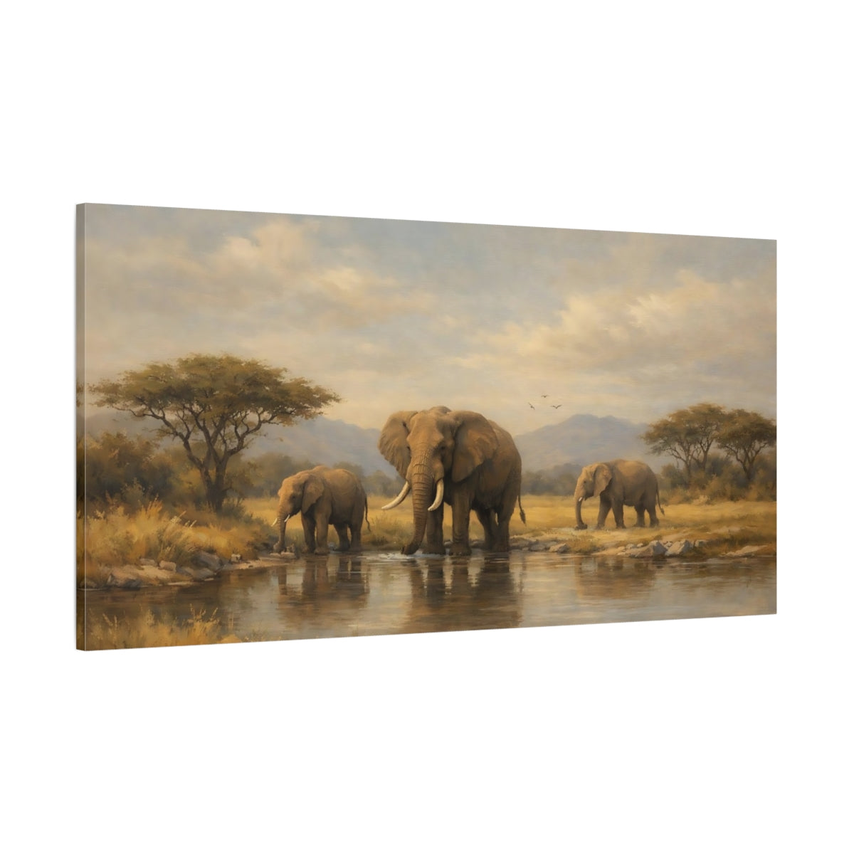 Main Mockup. Animals Elephants African Elephants Landscape shown as stretched canvas wall art