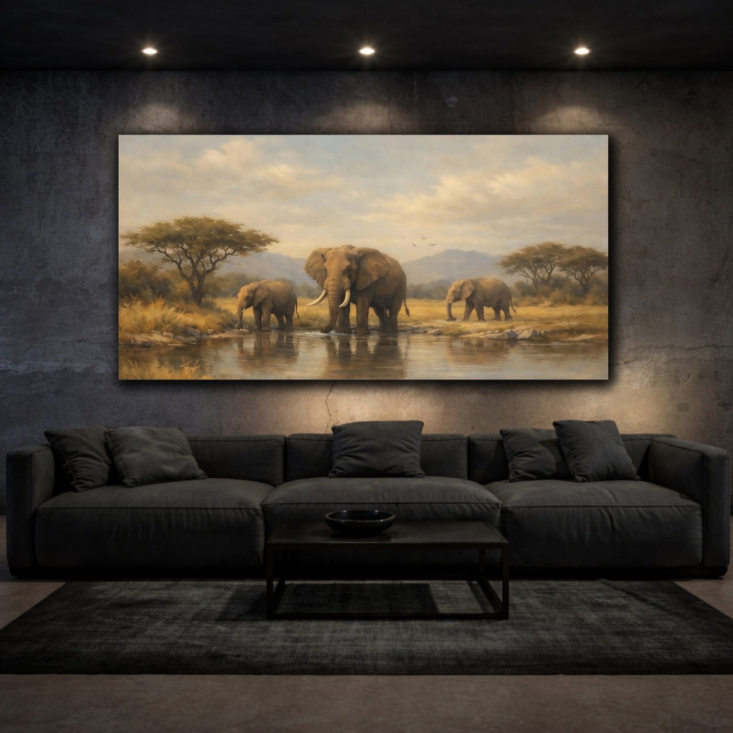 Mockup 2. Animals Elephants African Elephants Landscape shown as stretched canvas wall art