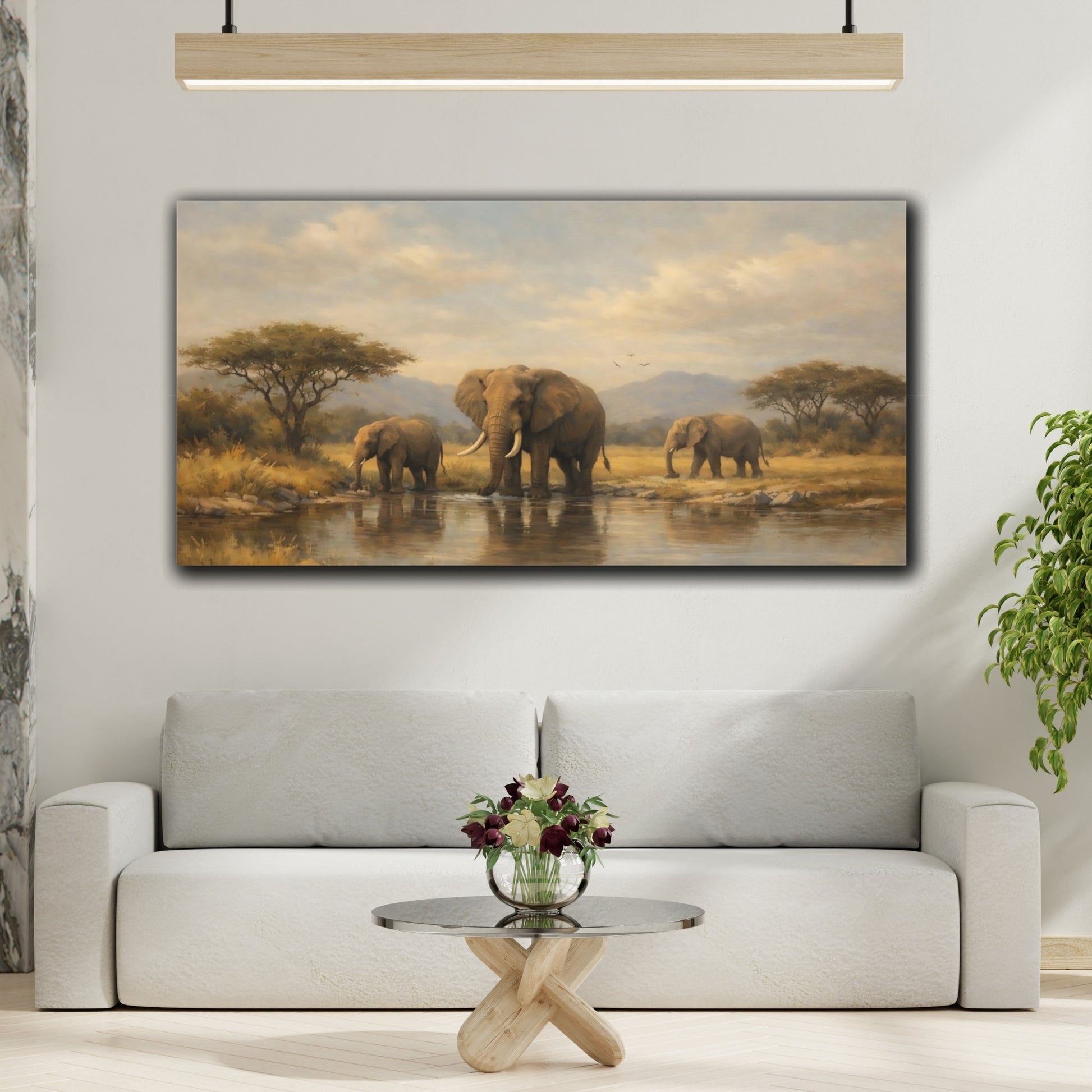 Mockup 3. Animals Elephants African Elephants Landscape shown as stretched canvas wall art