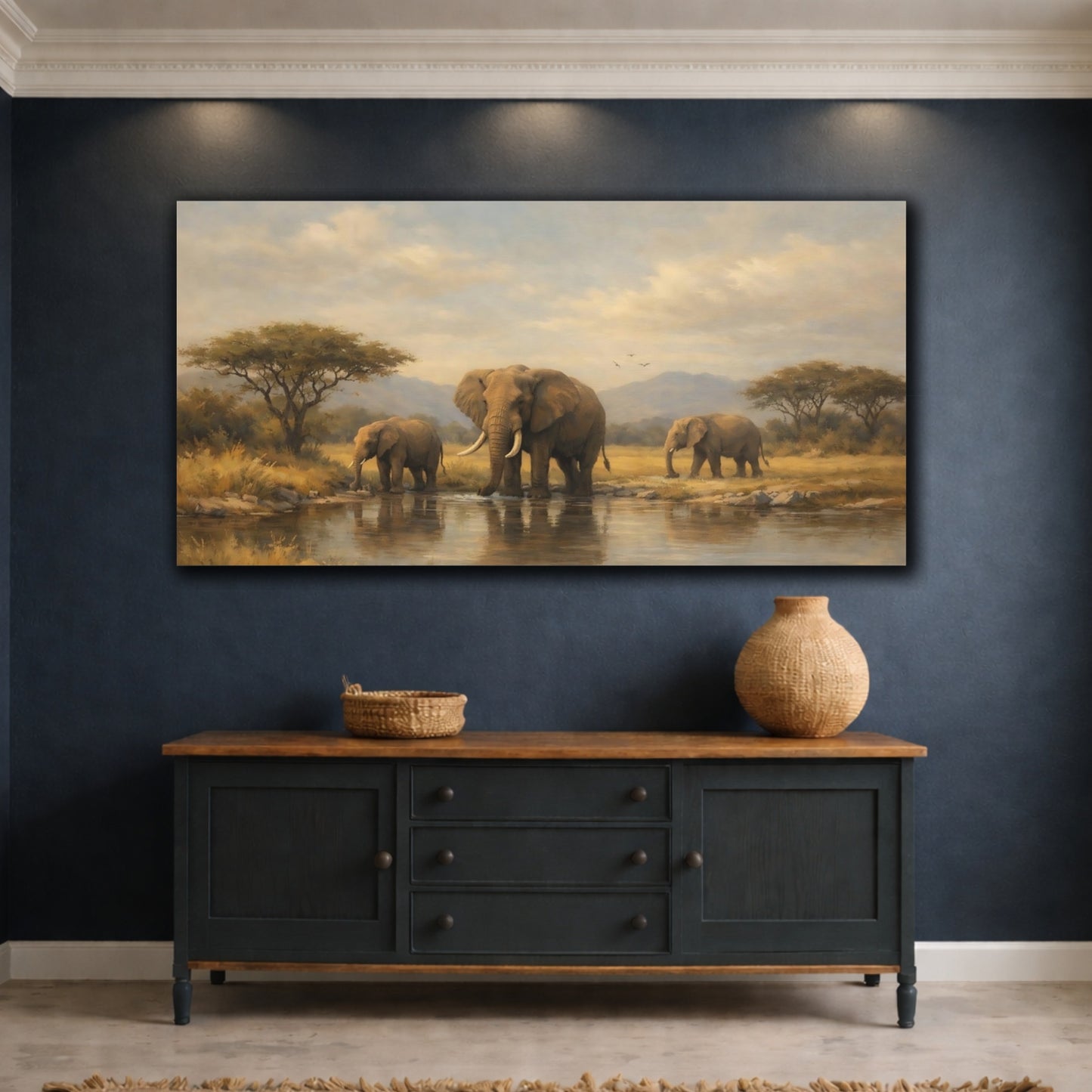 Mockup 4. Animals Elephants African Elephants Landscape shown as stretched canvas wall art