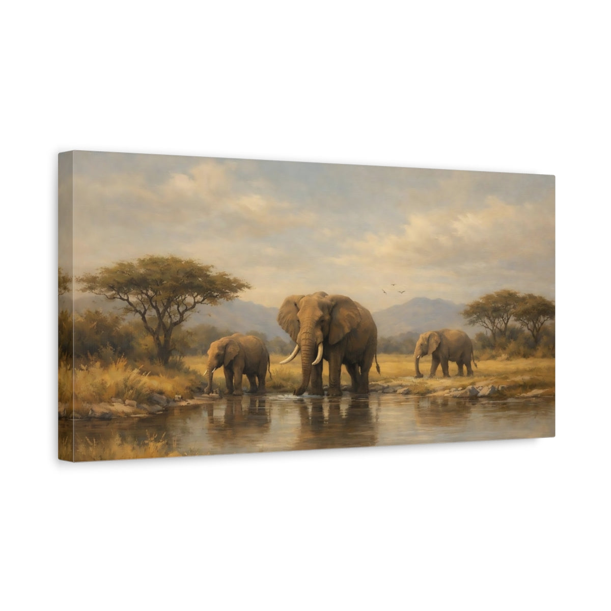 Side Mockup 3. Animals Elephants African Elephants Landscape shown as stretched canvas wall art