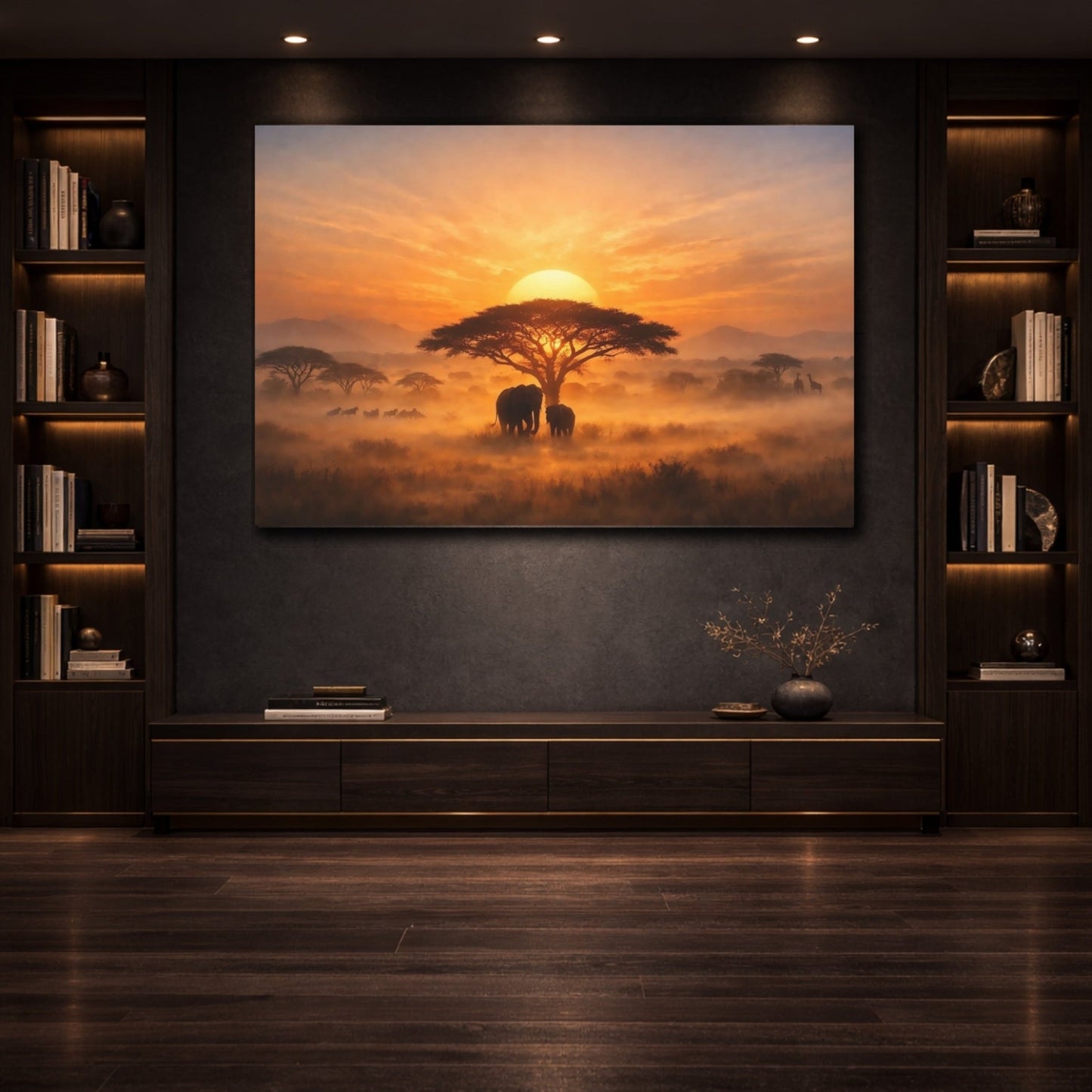 Animals Elephants African Savanna Sunset - Canvas Wall Art Print - YesArtYes