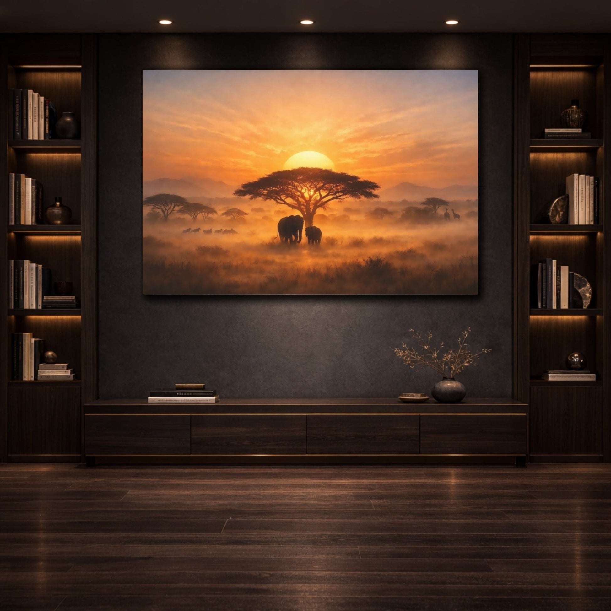 Animals Elephants African Savanna Sunset - Canvas Wall Art Print - YesArtYes