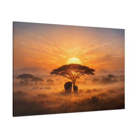 Animals Elephants African Savanna Sunset - Canvas Wall Art Print - YesArtYes