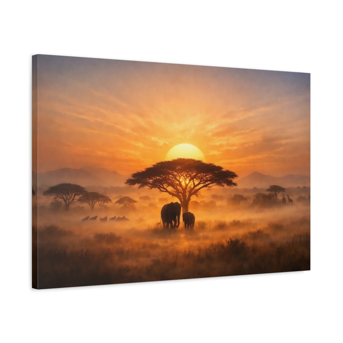 Animals Elephants African Savanna Sunset - Canvas Wall Art Print - YesArtYes