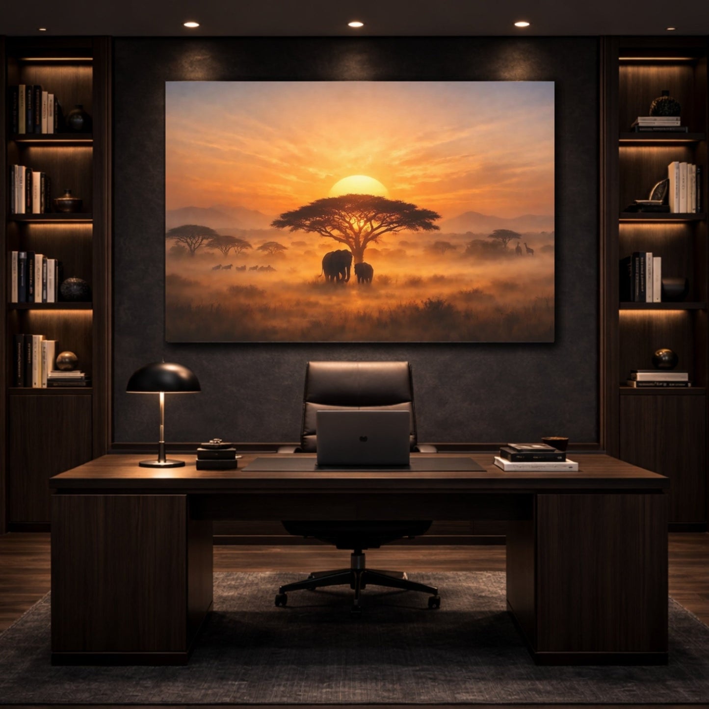 Animals Elephants African Savanna Sunset - Canvas Wall Art Print - YesArtYes