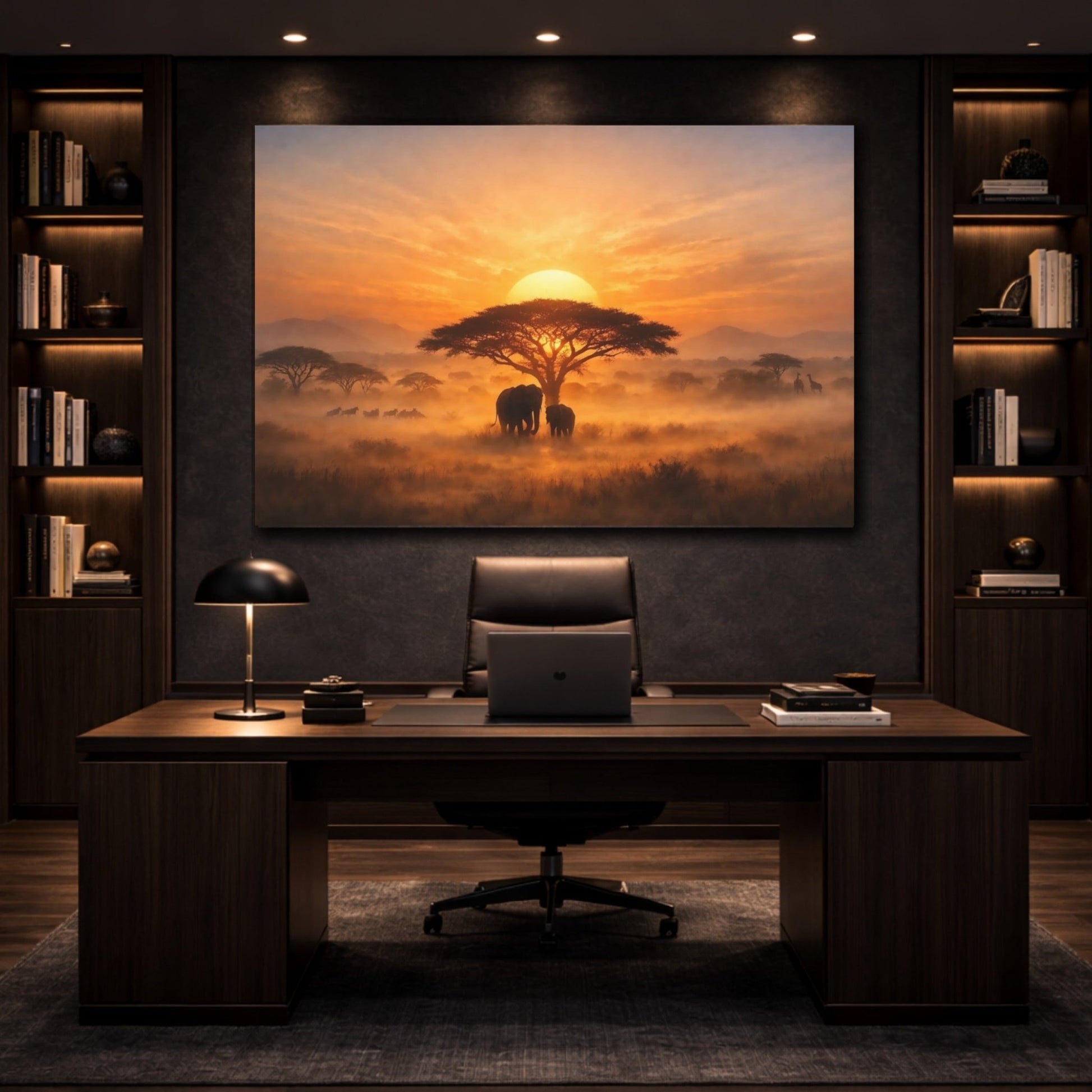 Animals Elephants African Savanna Sunset - Canvas Wall Art Print - YesArtYes