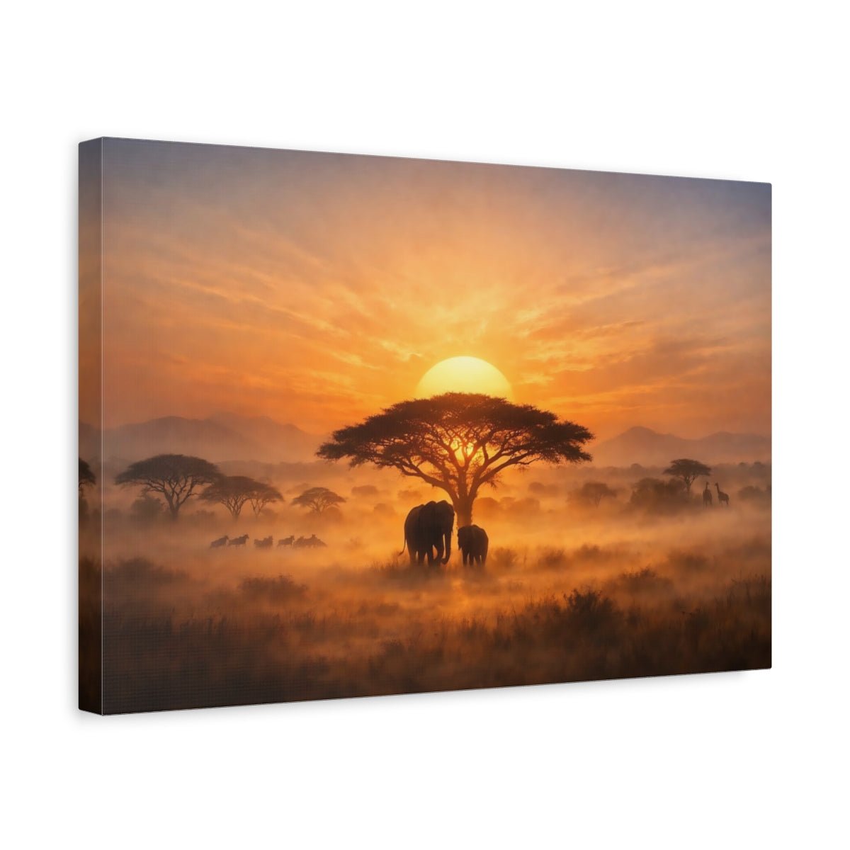Animals Elephants African Savanna Sunset - Canvas Wall Art Print - YesArtYes