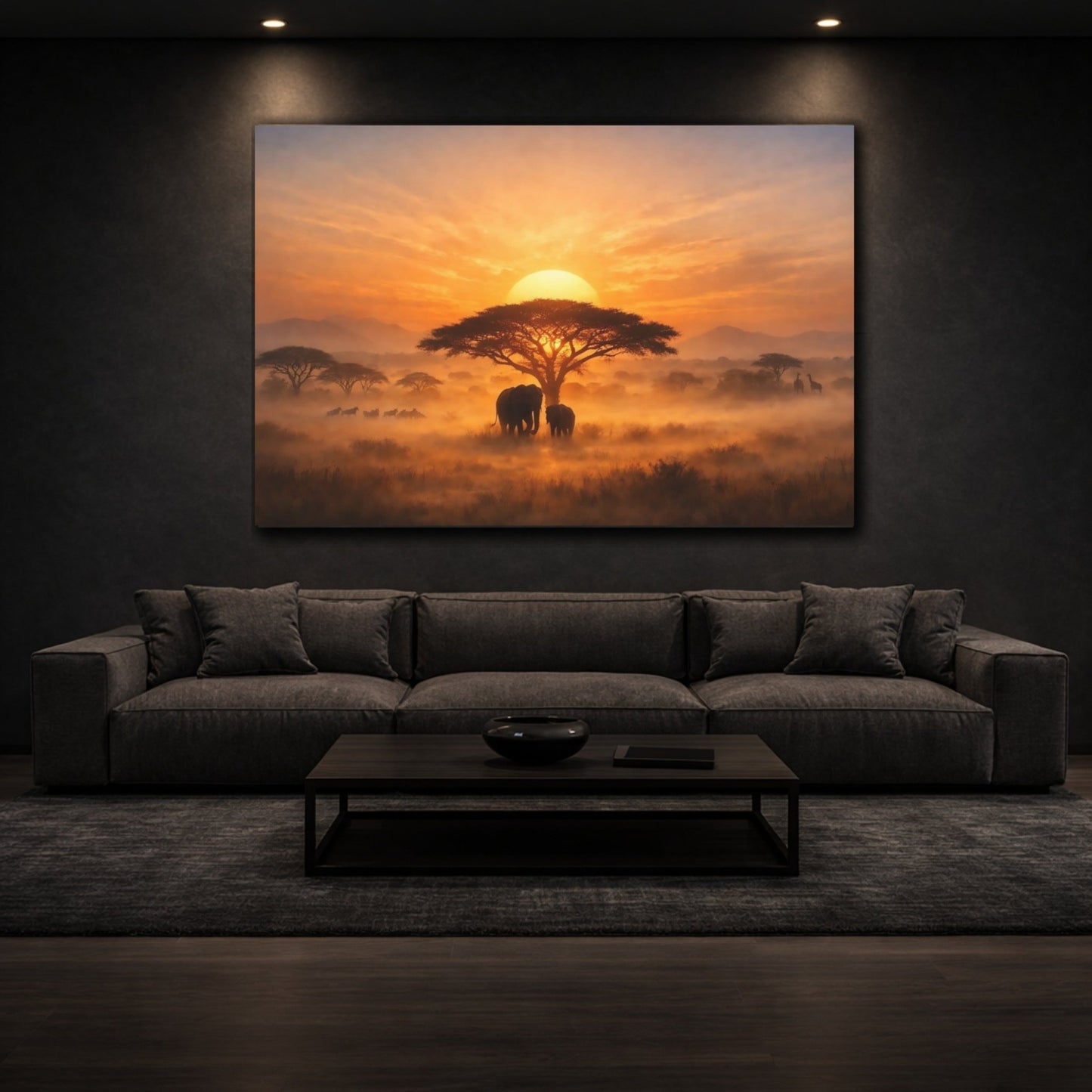 Animals Elephants African Savanna Sunset - Canvas Wall Art Print - YesArtYes