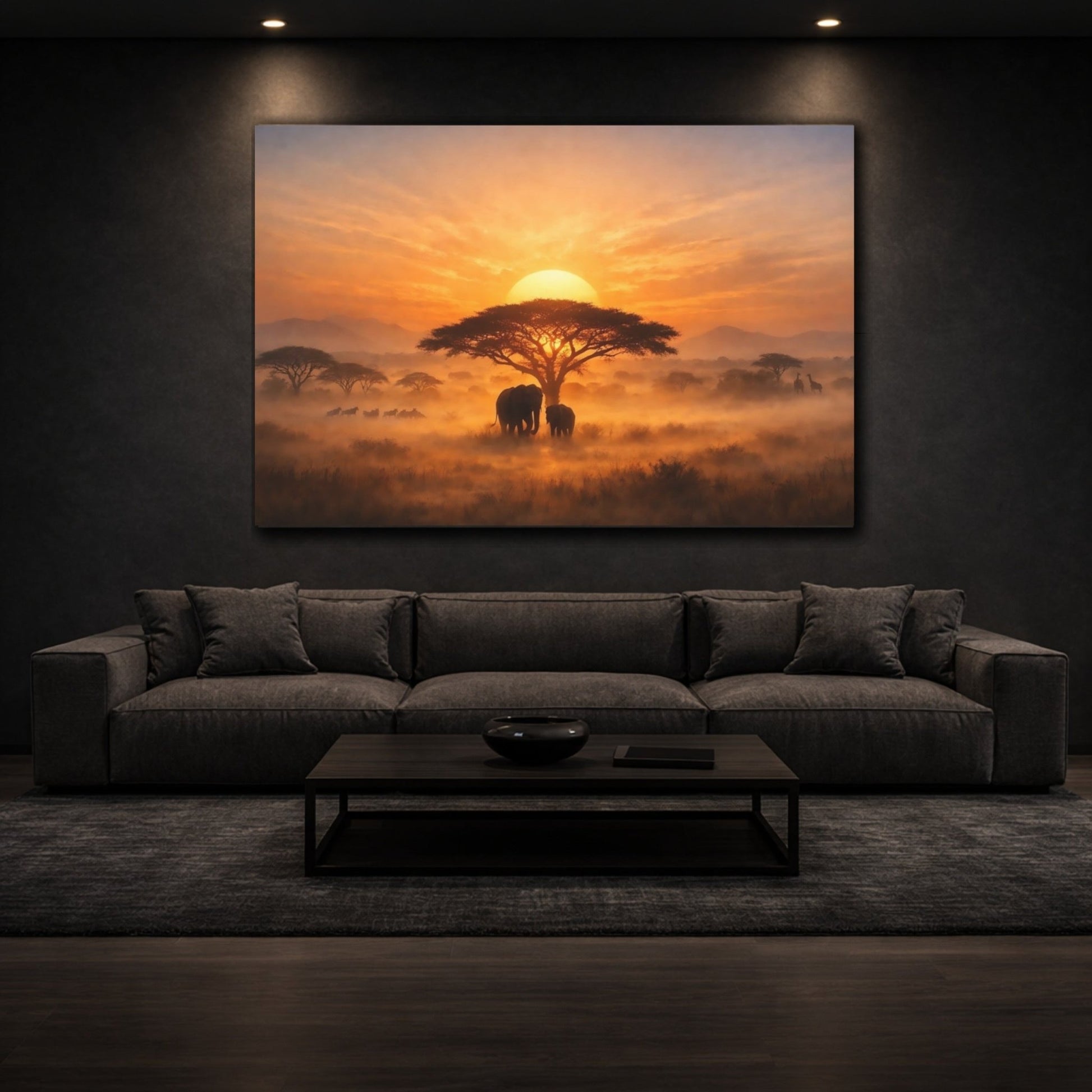Animals Elephants African Savanna Sunset - Canvas Wall Art Print - YesArtYes