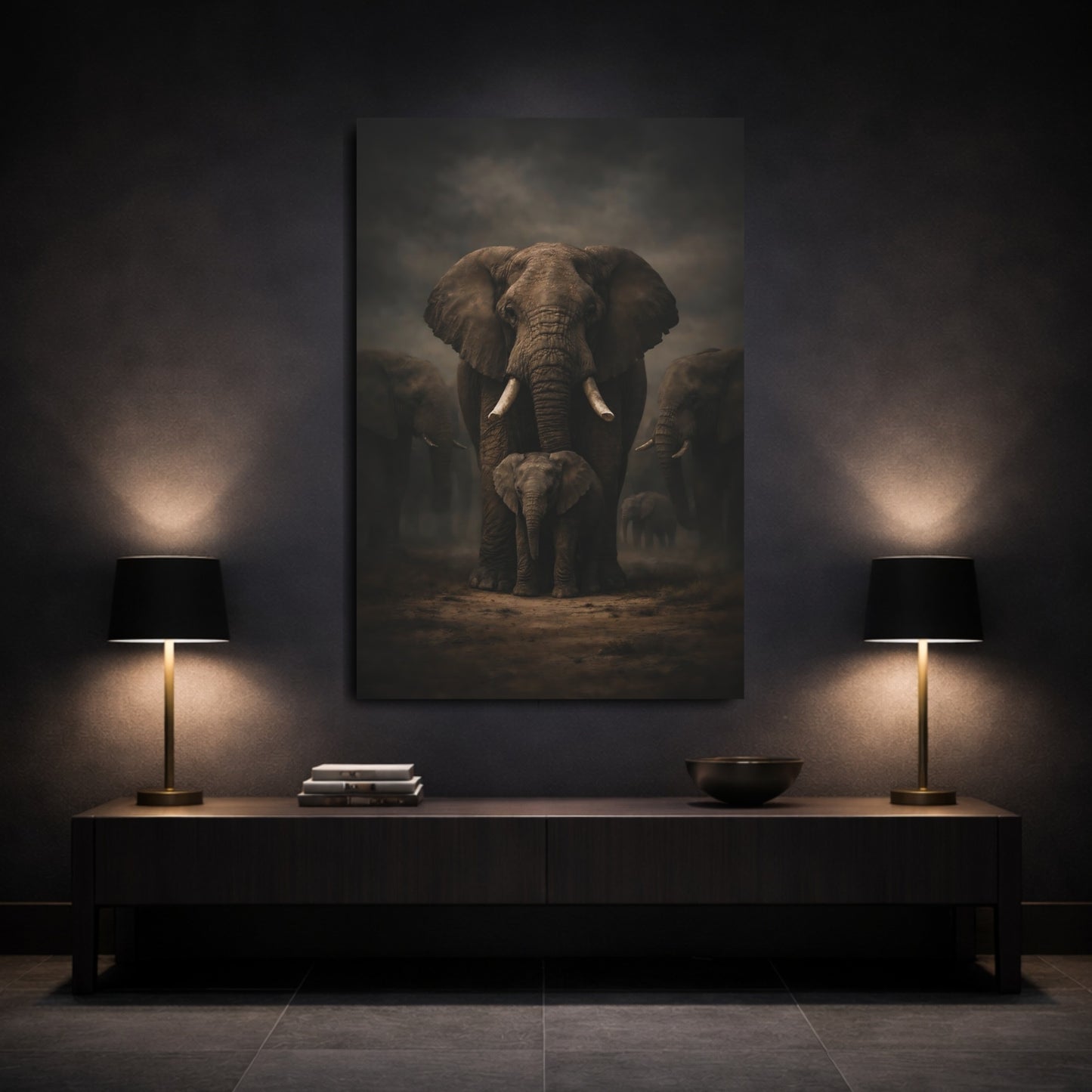 Animals Elephants Brown And Black shown as front canvas room wall art