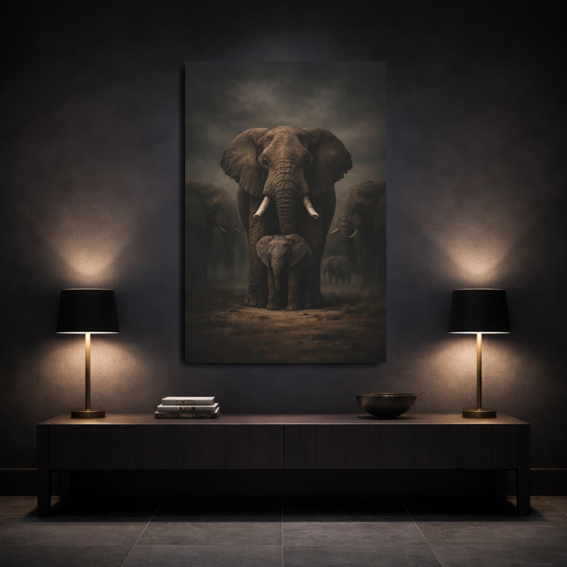 Animals Elephants Brown And Black shown as front canvas room wall art