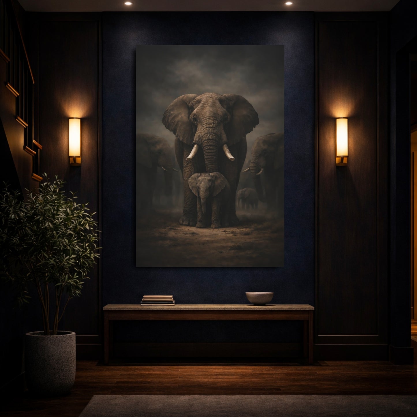 Animals Elephants Brown And Black shown as front canvas room wall art