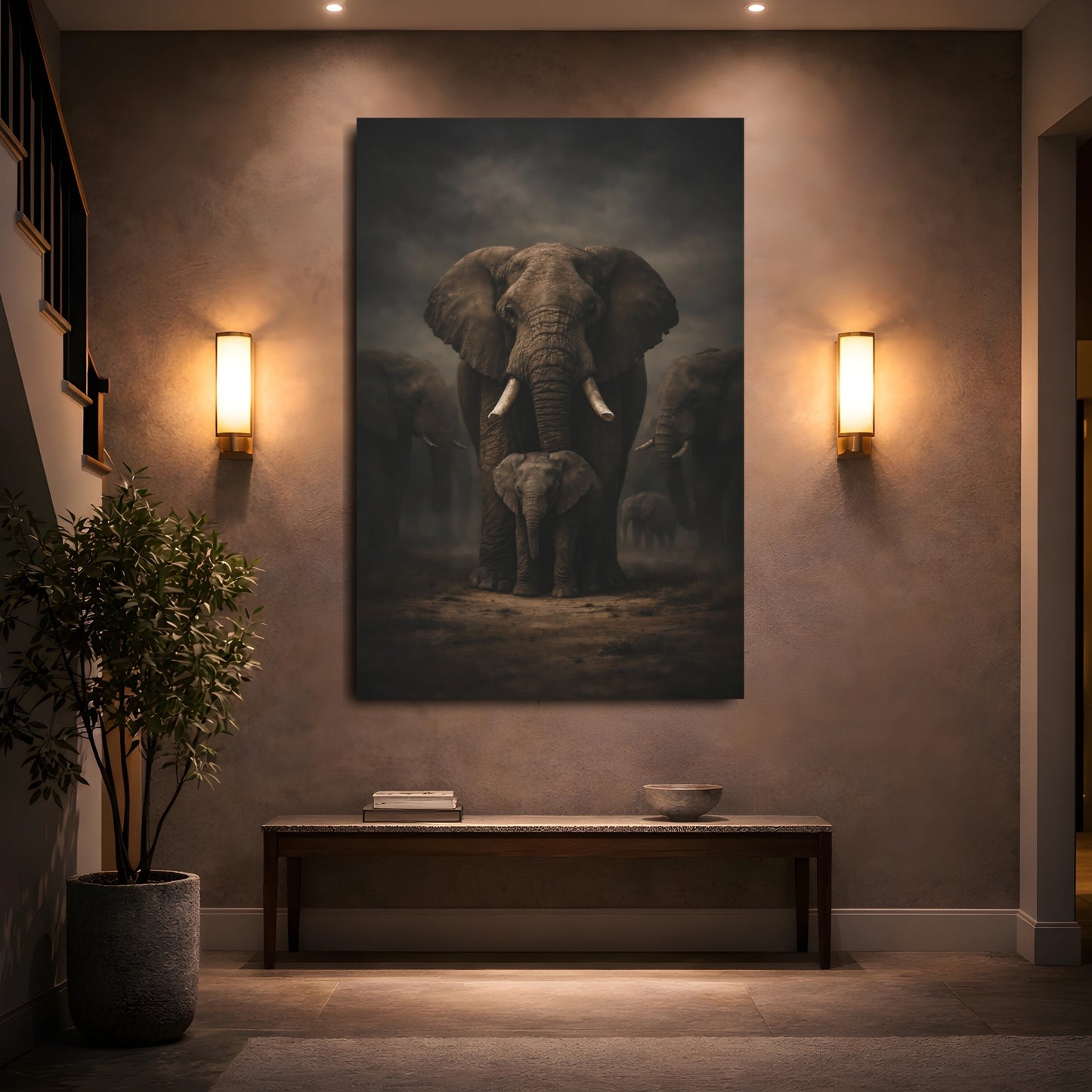 Animals Elephants Brown And Black shown as front canvas room wall art