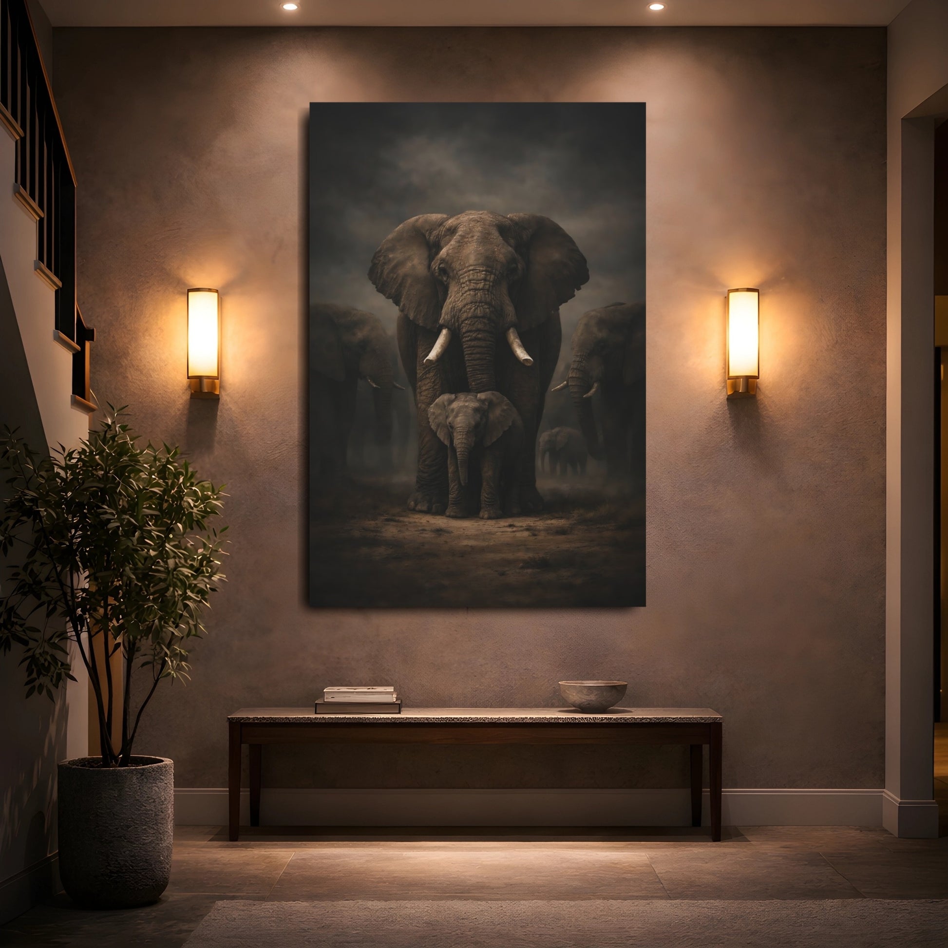 Animals Elephants Brown And Black shown as front canvas room wall art