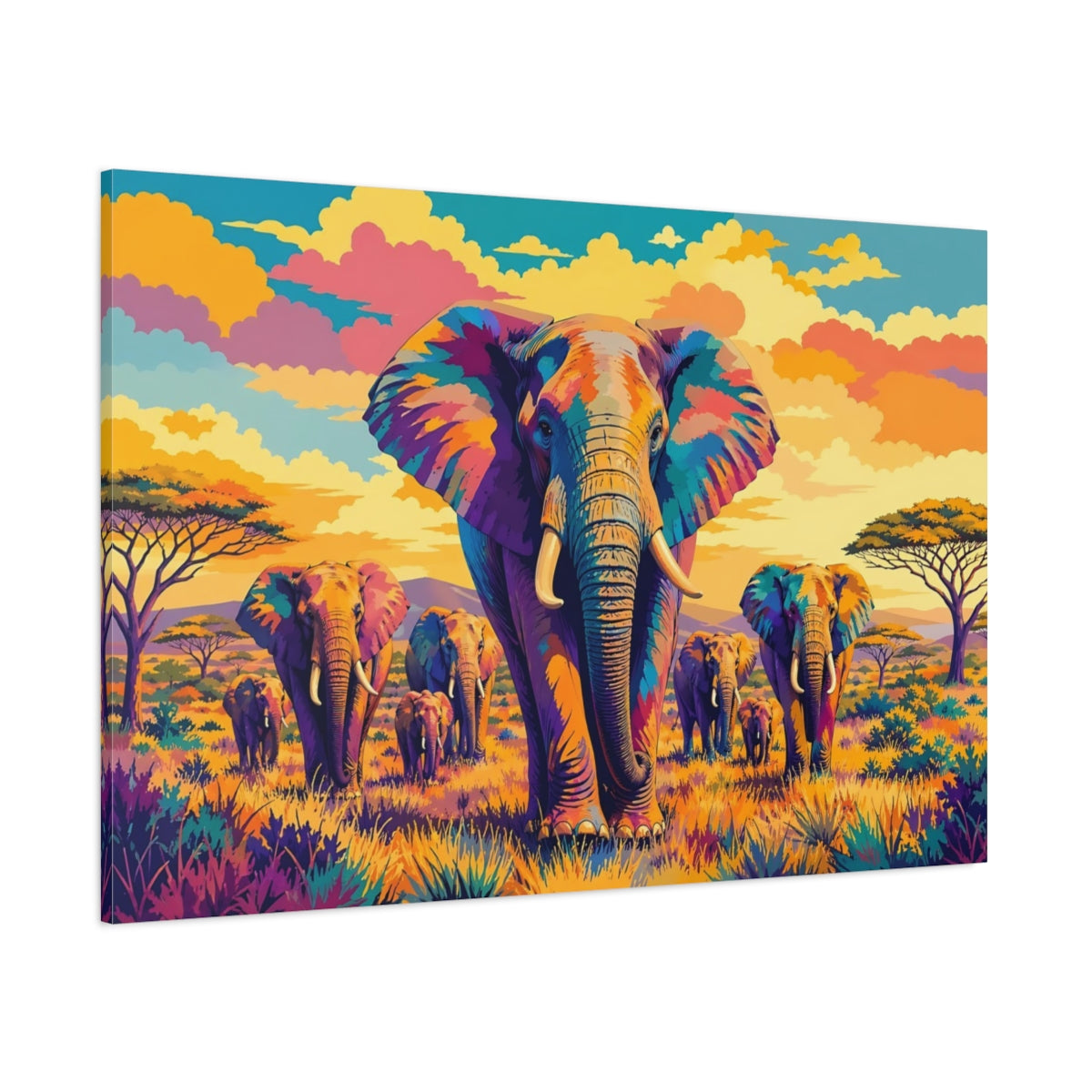 Side Mockup 1. Animals Elephants Colorful Elephants shown as stretched canvas wall art