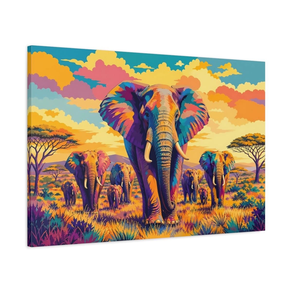 Main Mockup. Animals Elephants Colorful Elephants shown as stretched canvas wall art