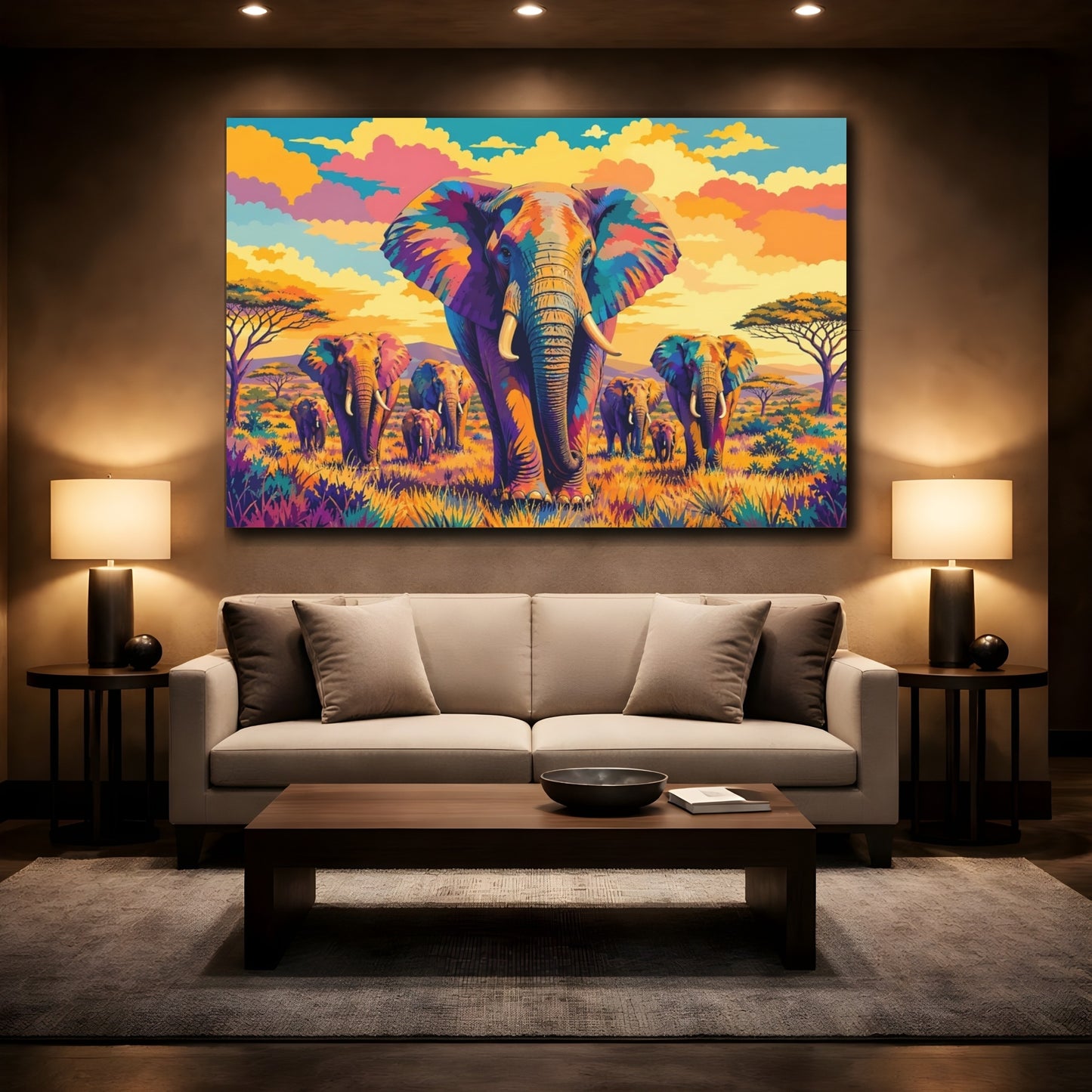 Mockup 2. Animals Elephants Colorful Elephants shown as stretched canvas wall art