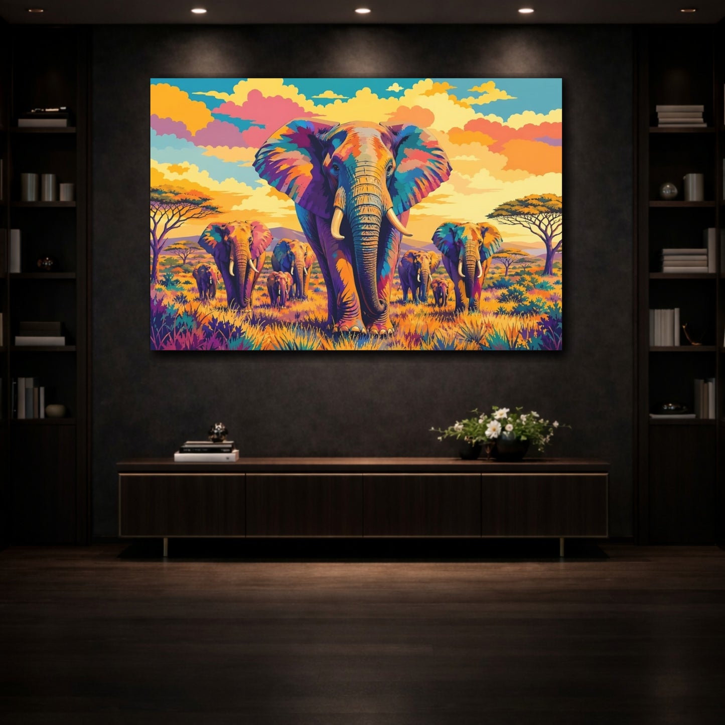 Mockup 3. Animals Elephants Colorful Elephants shown as stretched canvas wall art