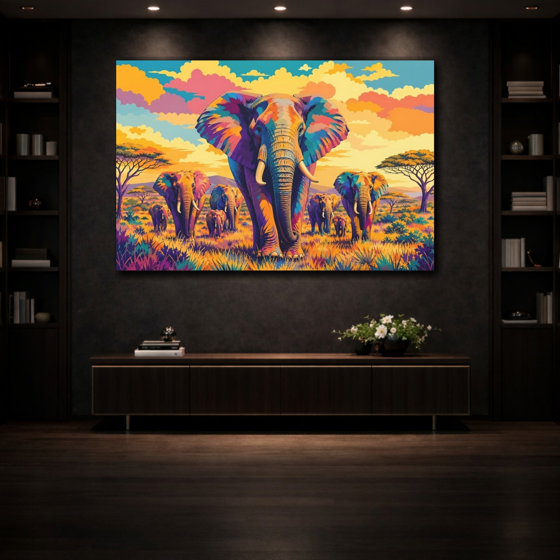 Mockup 3. Animals Elephants Colorful Elephants shown as stretched canvas wall art