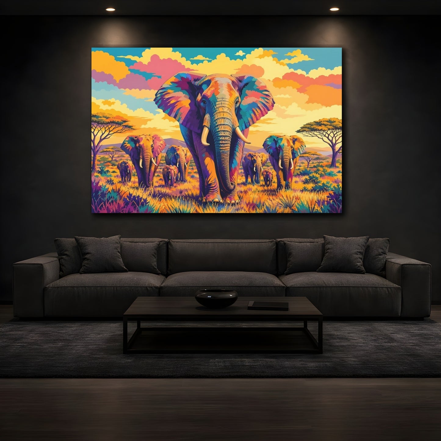 Mockup 4. Animals Elephants Colorful Elephants shown as stretched canvas wall art