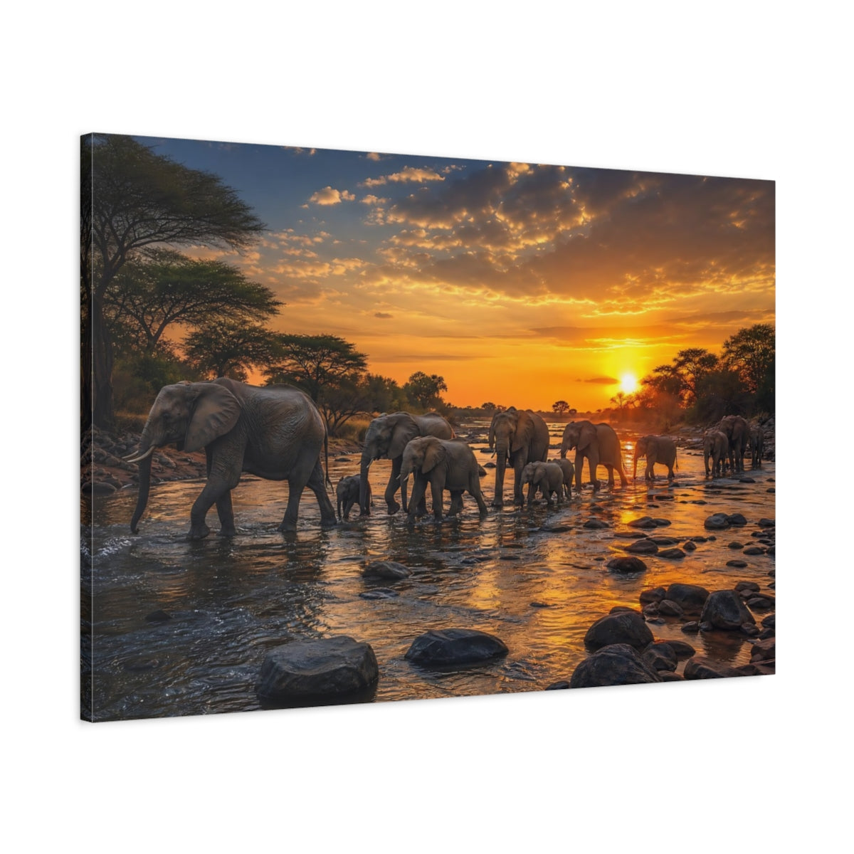 Main Mockup. Animals Elephants Elephant Sunset shown as stretched canvas wall art