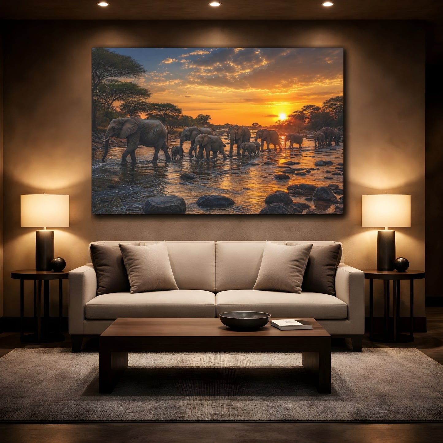 Mockup 2. Animals Elephants Elephant Sunset shown as stretched canvas wall art