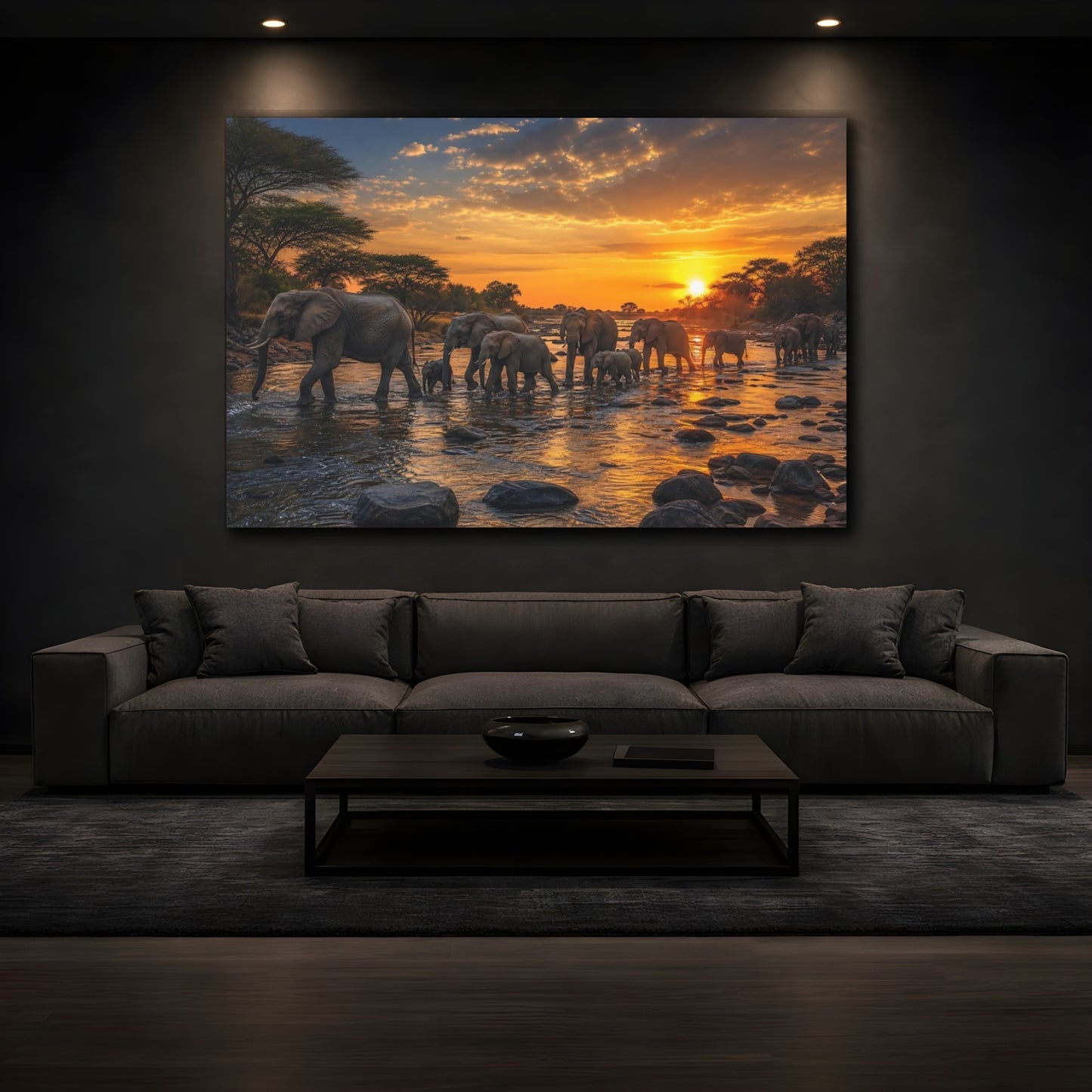 Mockup 3. Animals Elephants Elephant Sunset shown as stretched canvas wall art