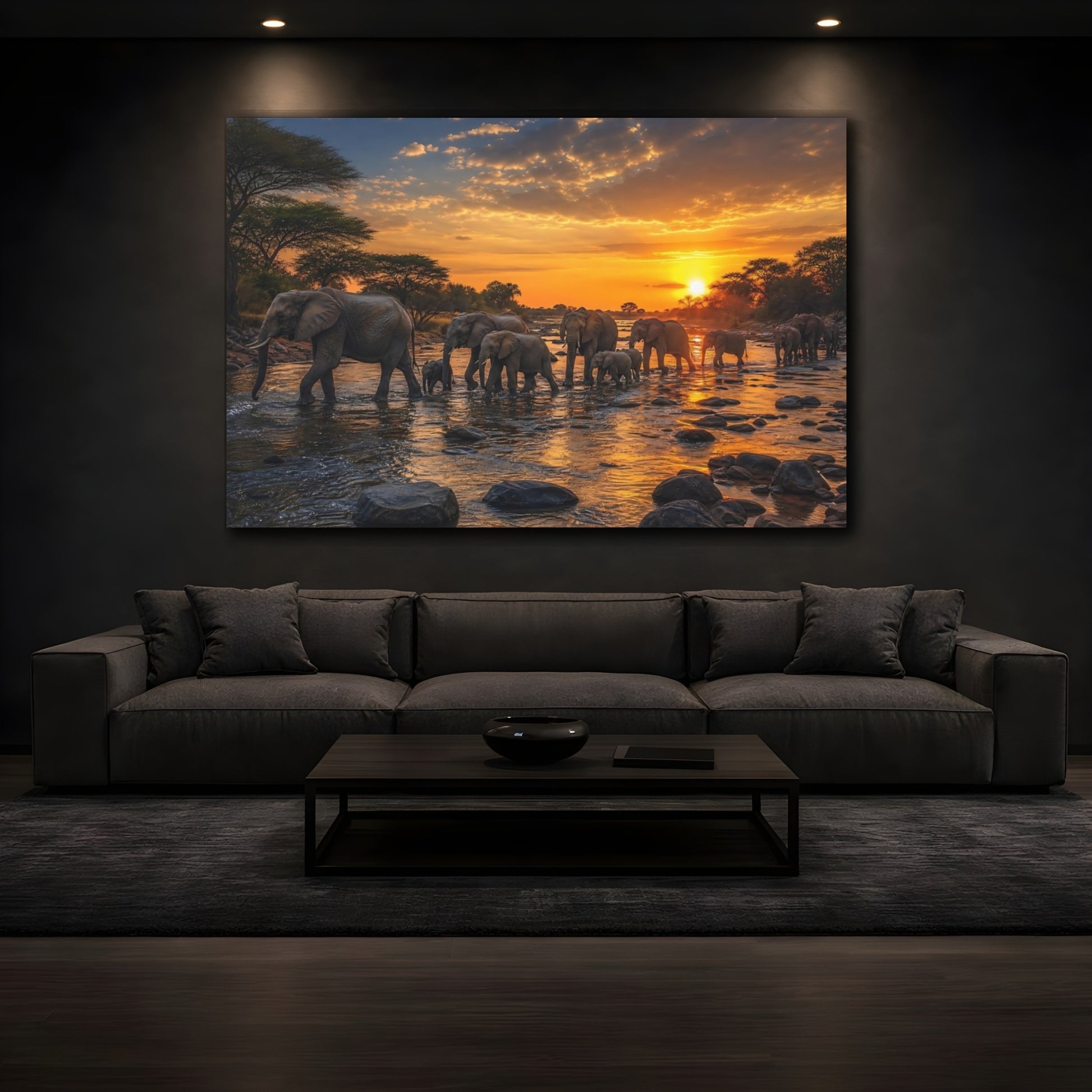 Mockup 3. Animals Elephants Elephant Sunset shown as stretched canvas wall art
